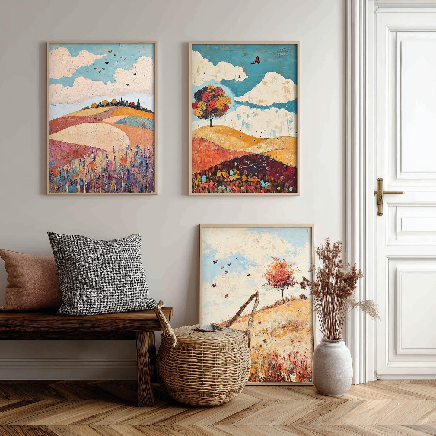 Rolling Hills Butterfly Set of Three Art Prints - Biscotti Burgundy and Sky - Folk Meadow Poster Illustration Gift