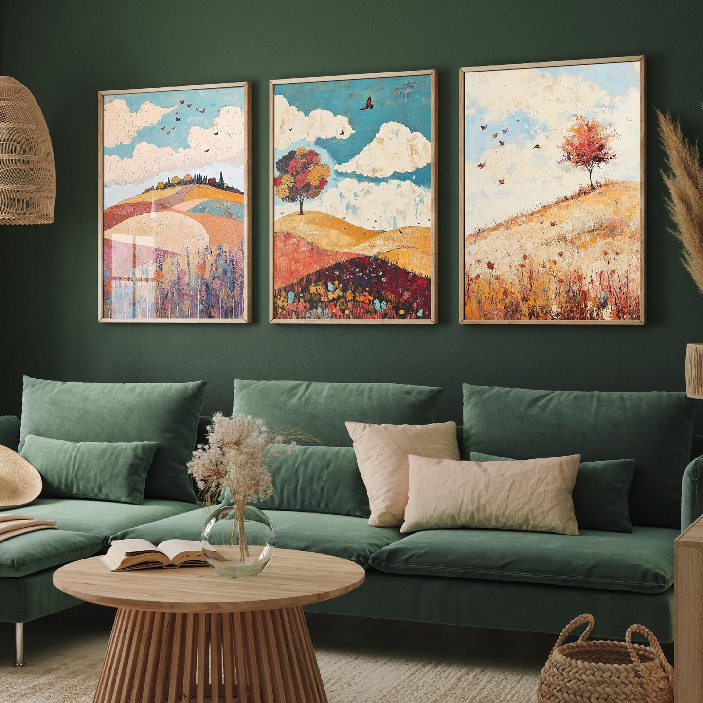 Rolling Hills Butterfly Set of Three Art Prints - Biscotti Burgundy and Sky - Folk Meadow Poster Illustration Gift