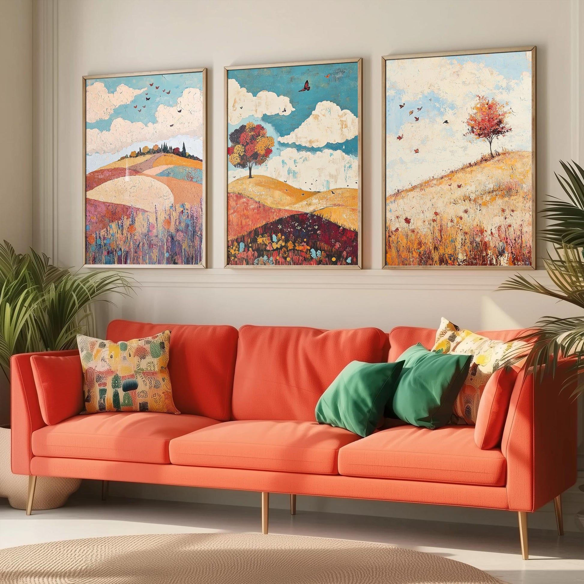 Rolling Hills Butterfly Set of Three Art Prints - Biscotti Burgundy and Sky - Folk Meadow Poster Illustration Gift