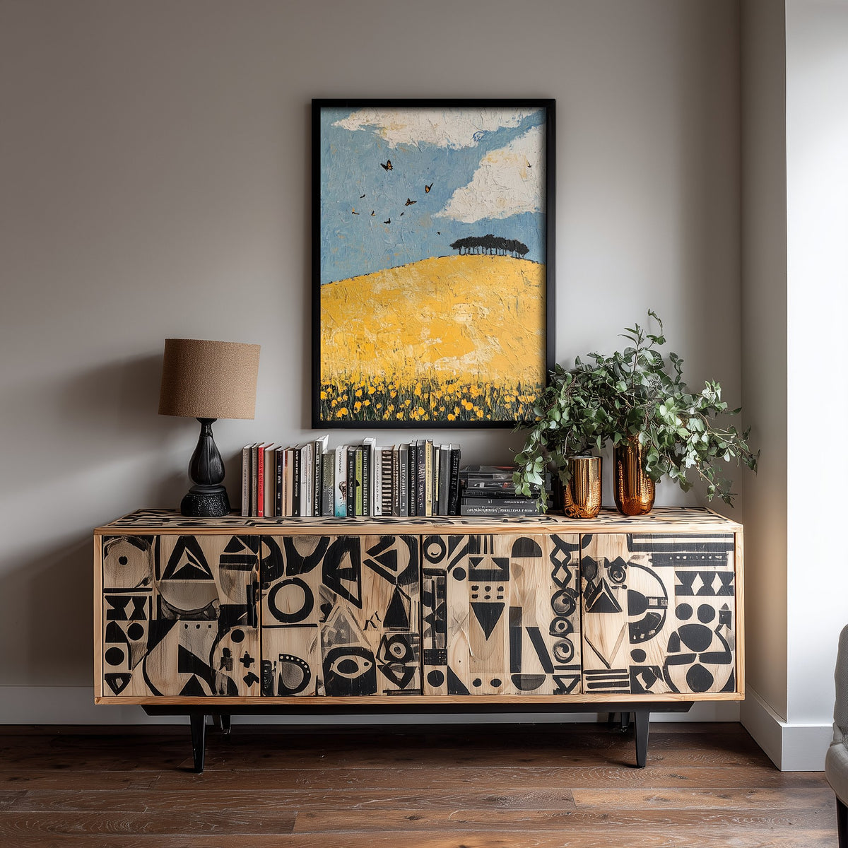 Rolling Hills Landscape Art Print - Butterfly Meadow Poster - Folk Art Painting - Buttercup Sable and Frost 1/3