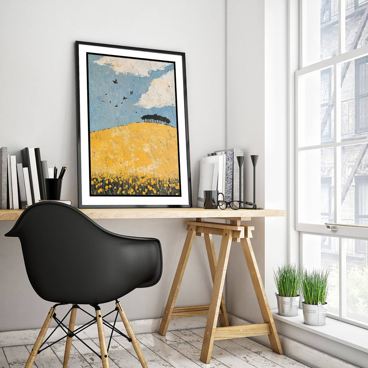 Rolling Hills Landscape Art Print - Butterfly Meadow Poster - Folk Art Painting - Buttercup Sable and Frost 1/3