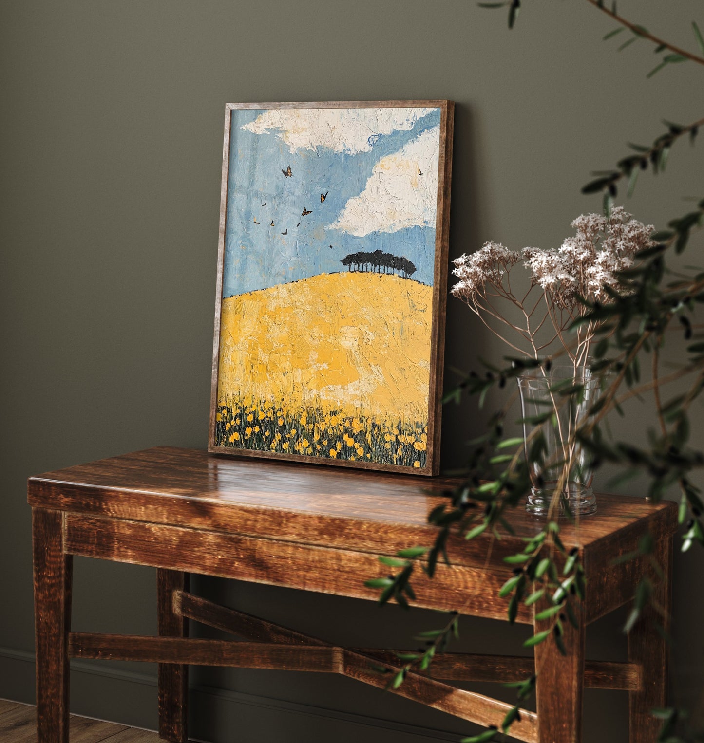Rolling Hills Landscape Art Print - Butterfly Meadow Poster - Folk Art Painting - Buttercup Sable and Frost 1/3