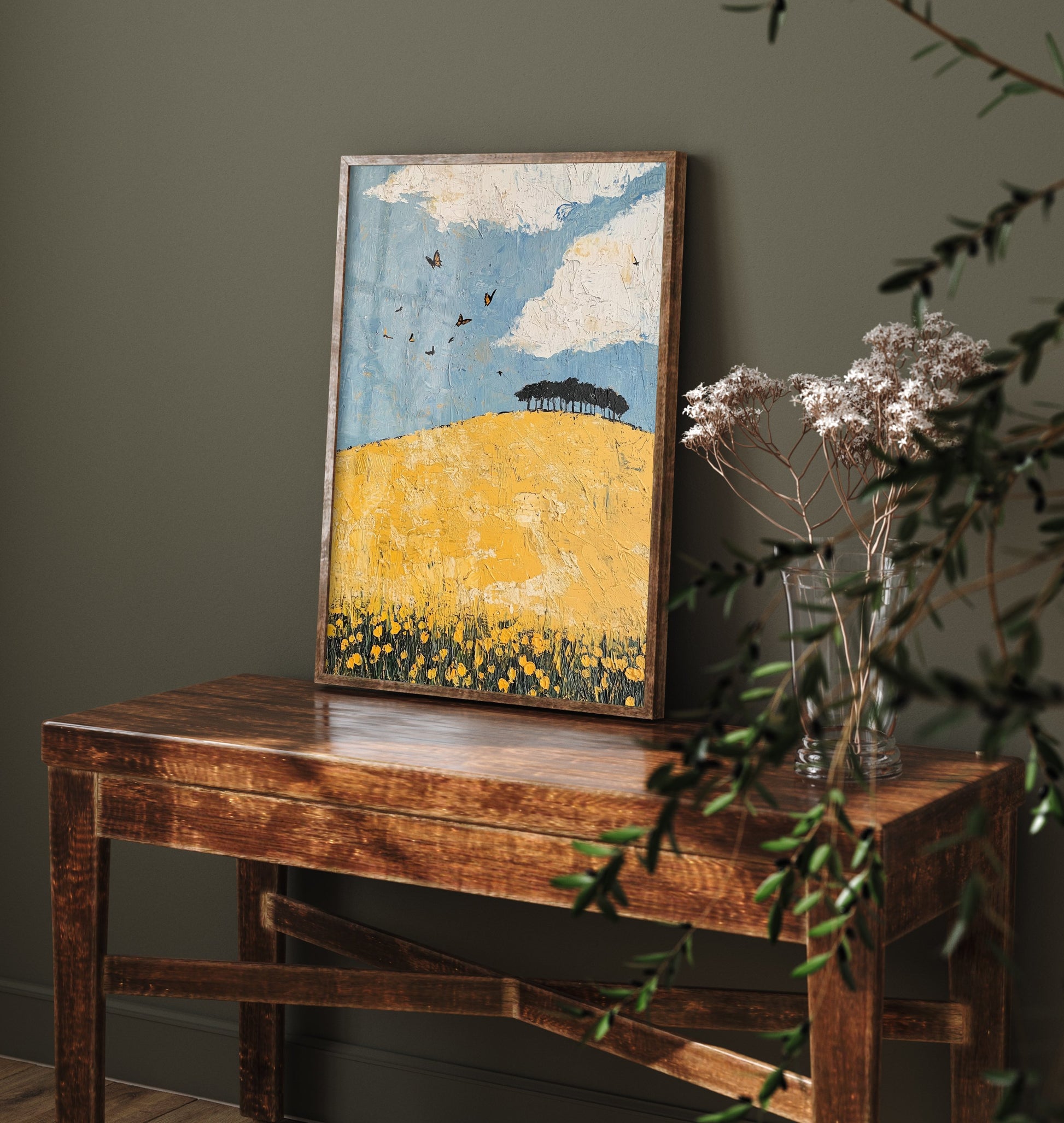 Rolling Hills Landscape Art Print - Butterfly Meadow Poster - Folk Art Painting - Buttercup Sable and Frost 1/3