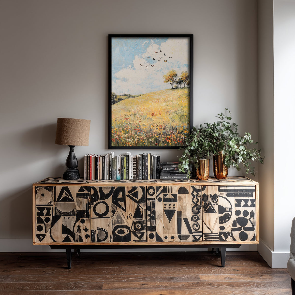 Rolling Hills Landscape Art Print - Butterfly Meadow Poster - Folk Art Painting - Buttercup Sable and Frost 2/3