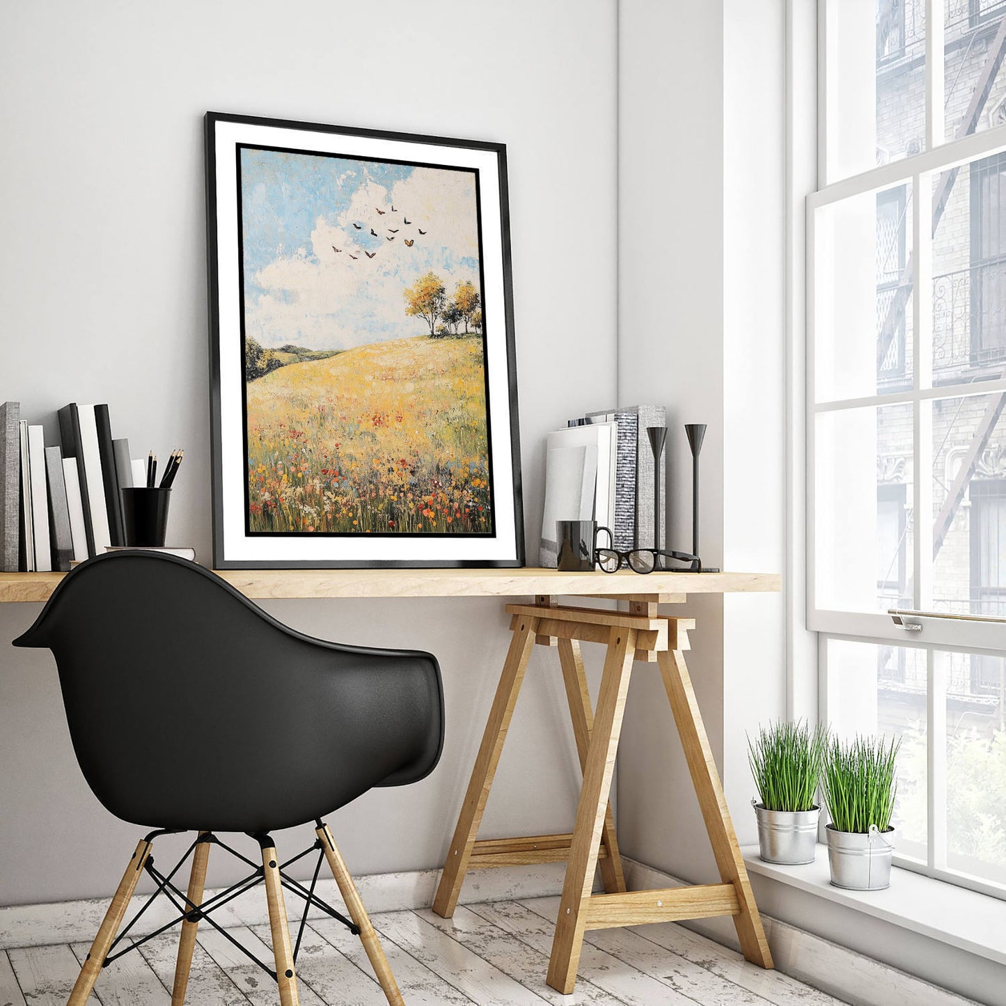 Rolling Hills Landscape Art Print - Butterfly Meadow Poster - Folk Art Painting - Buttercup Sable and Frost 2/3