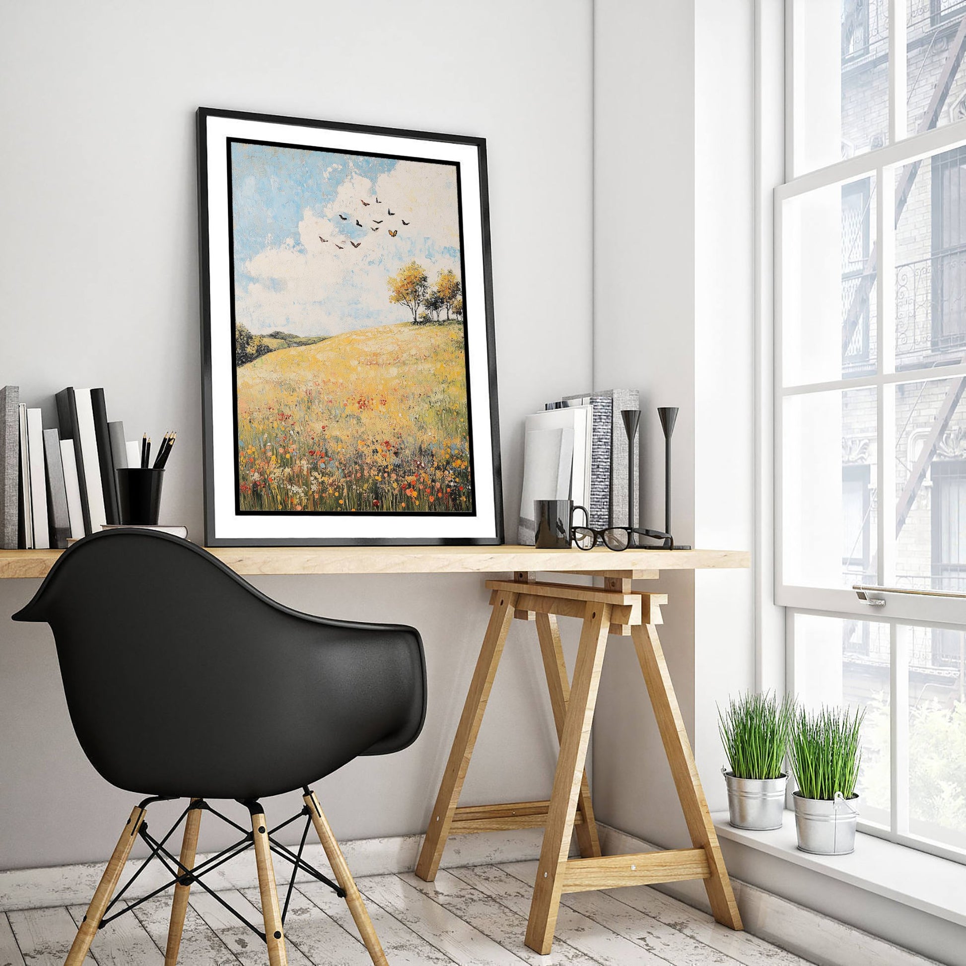 Rolling Hills Landscape Art Print - Butterfly Meadow Poster - Folk Art Painting - Buttercup Sable and Frost 2/3