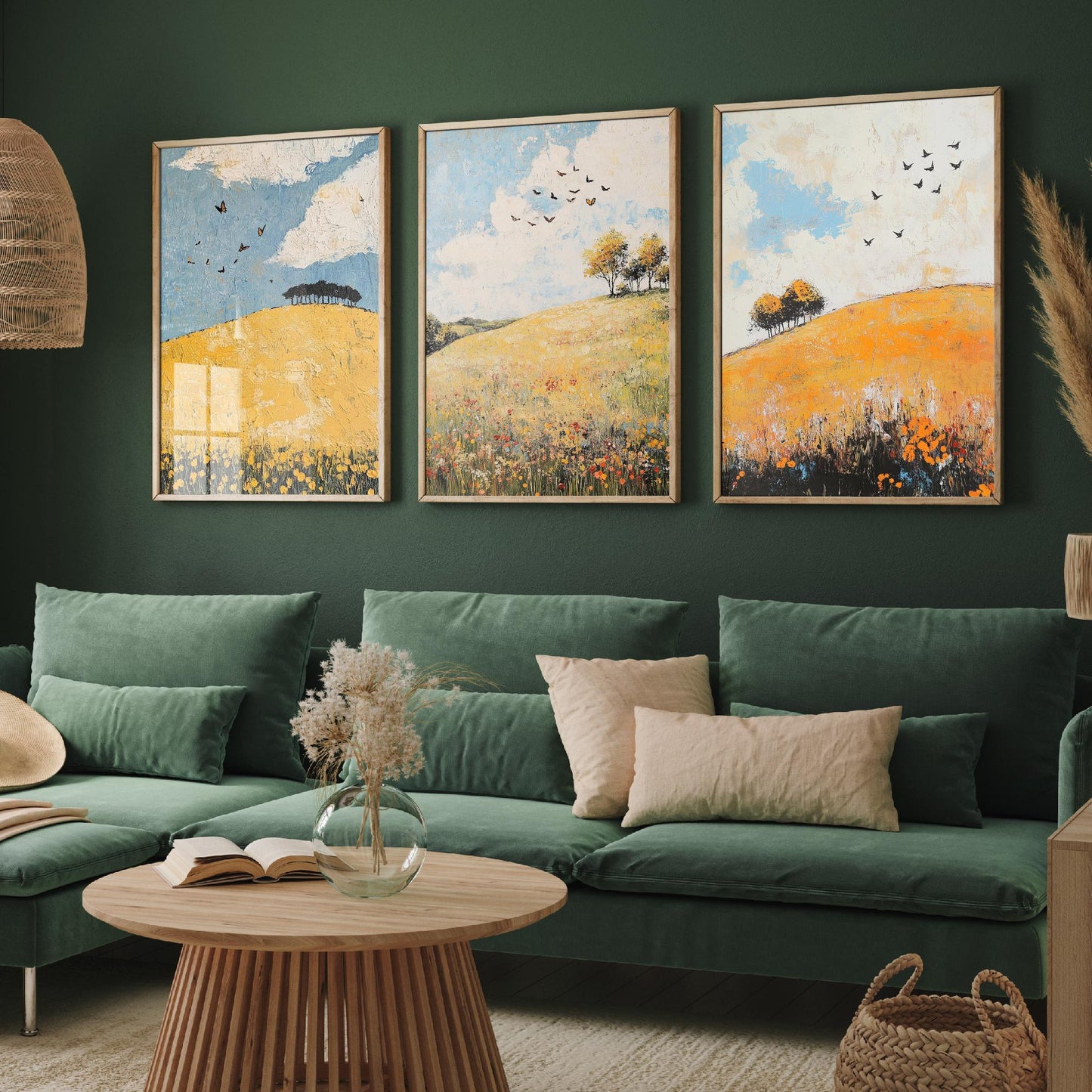 Rolling Hills Butterfly Set of Three Art Prints - Buttercup Sable and Frost - Folk Meadow Poster Illustration Gift