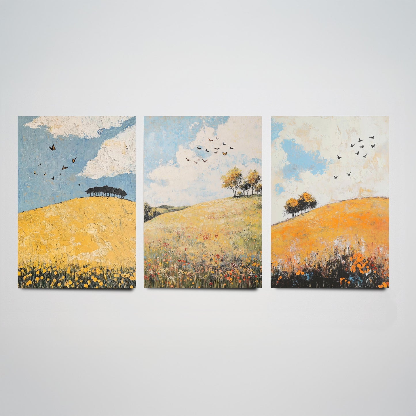Rolling Hills Butterfly Set of Three Art Prints - Buttercup Sable and Frost - Folk Meadow Poster Illustration Gift