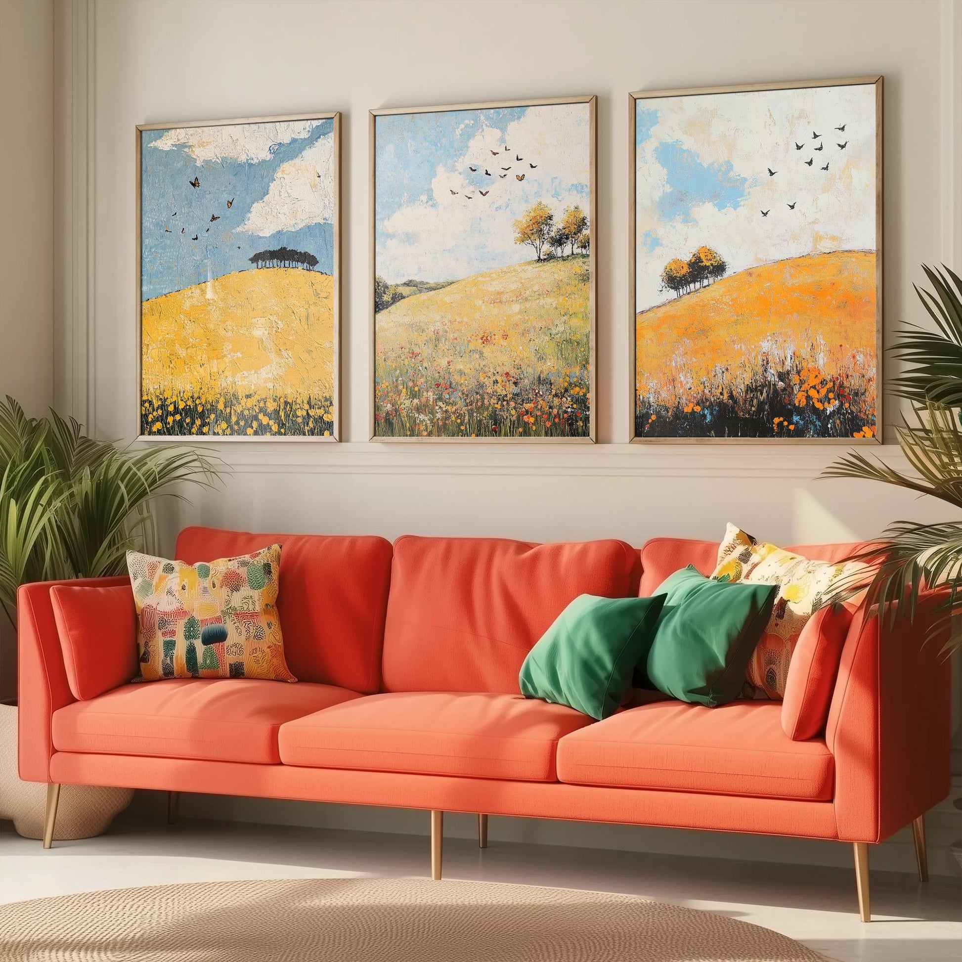 Rolling Hills Butterfly Set of Three Art Prints - Buttercup Sable and Frost - Folk Meadow Poster Illustration Gift