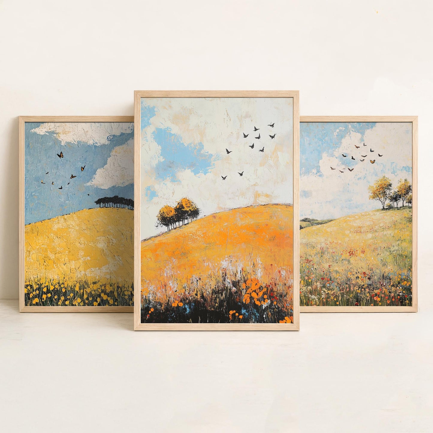 Rolling Hills Butterfly Set of Three Art Prints - Buttercup Sable and Frost - Folk Meadow Poster Illustration Gift