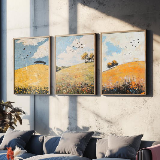 Rolling Hills Butterfly Set of Three Art Prints - Buttercup Sable and Frost - Folk Meadow Poster Illustration Gift