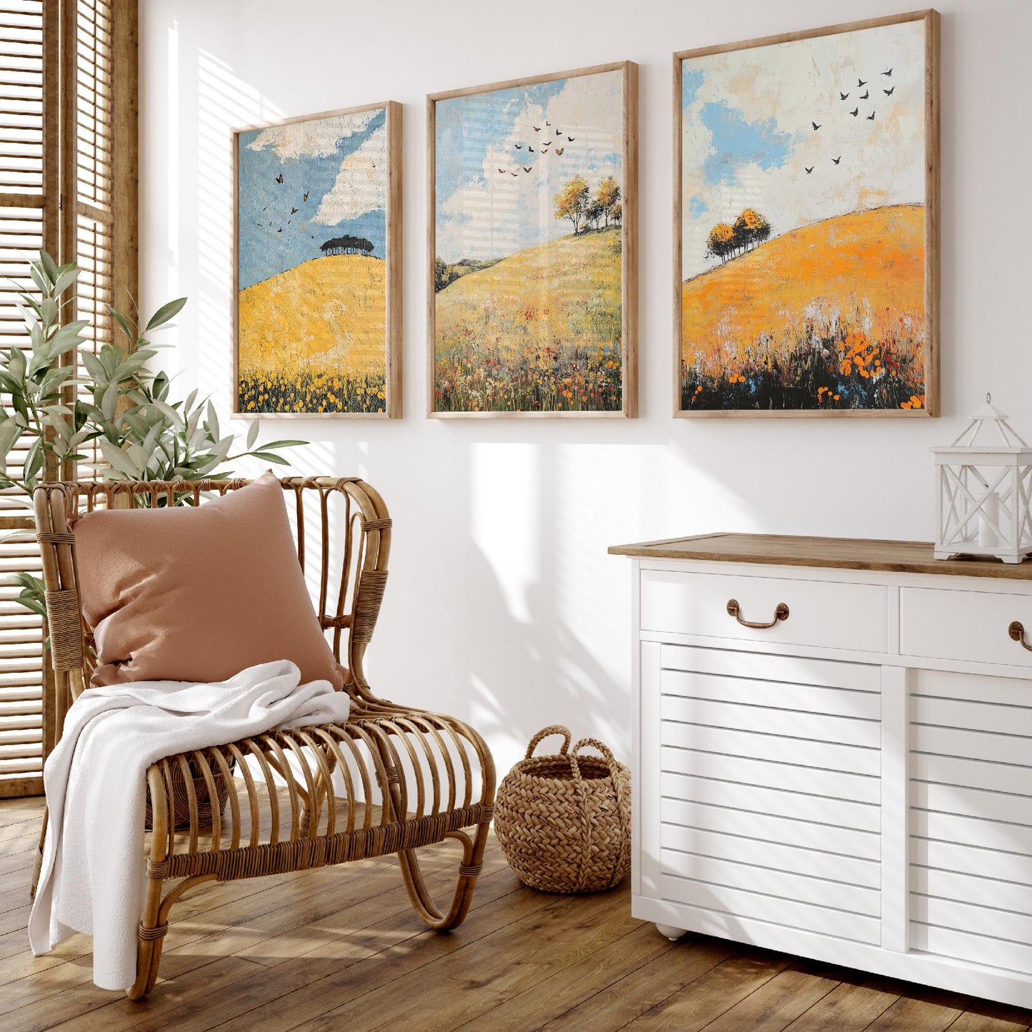 Rolling Hills Butterfly Set of Three Art Prints - Buttercup Sable and Frost - Folk Meadow Poster Illustration Gift