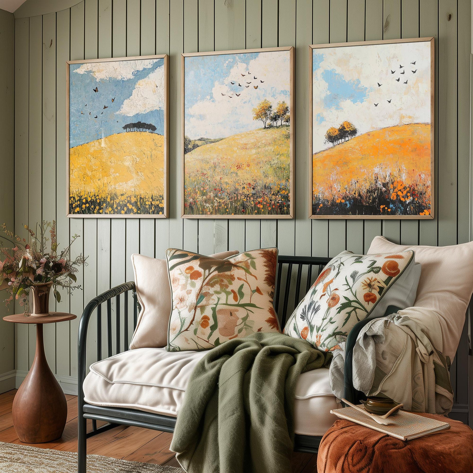 Rolling Hills Butterfly Set of Three Art Prints - Buttercup Sable and Frost - Folk Meadow Poster Illustration Gift