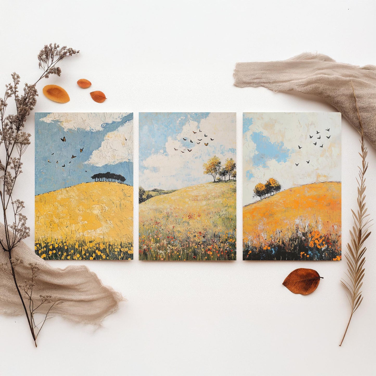Rolling Hills Butterfly Set of Three Art Prints - Buttercup Sable and Frost - Folk Meadow Poster Illustration Gift