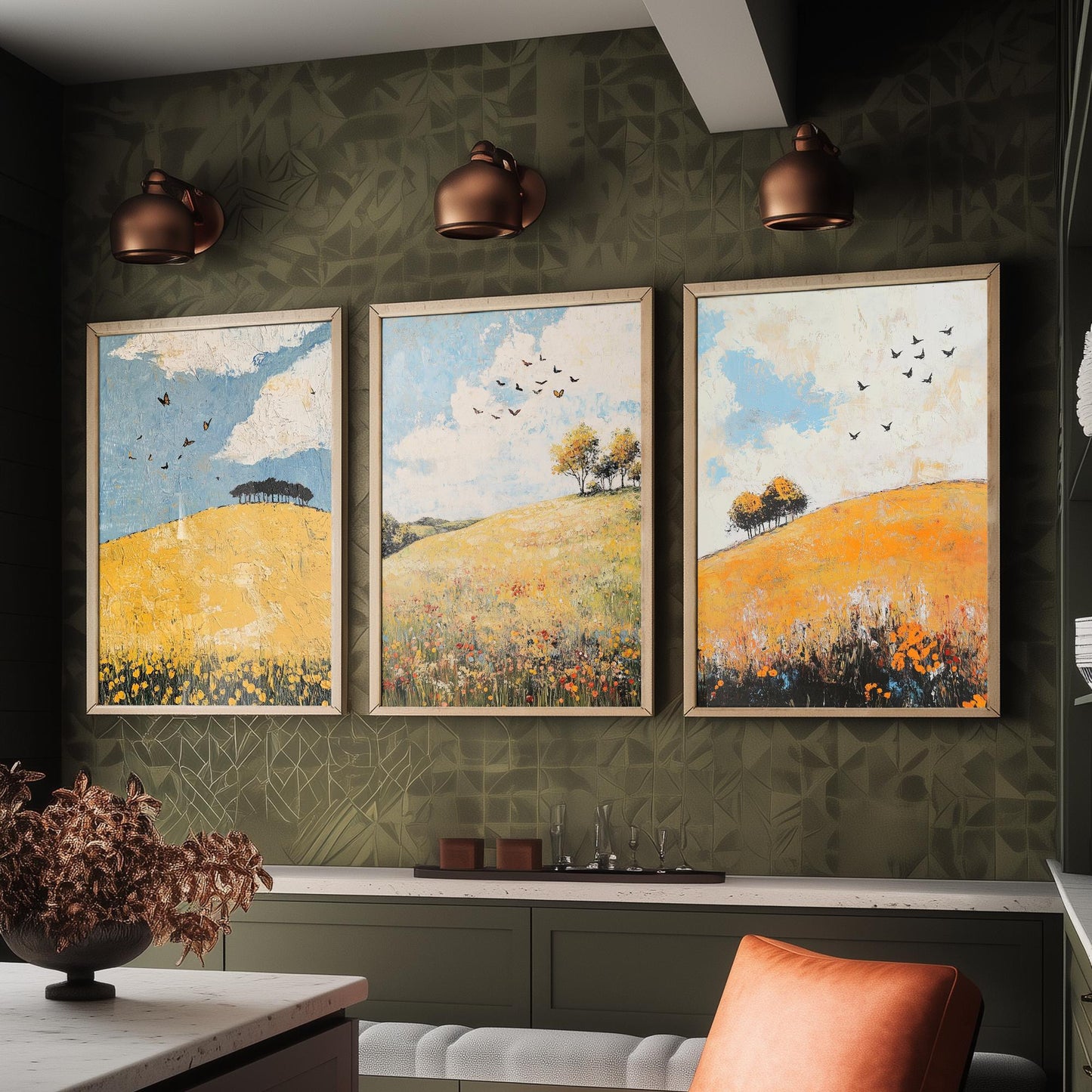 Rolling Hills Butterfly Set of Three Art Prints - Buttercup Sable and Frost - Folk Meadow Poster Illustration Gift
