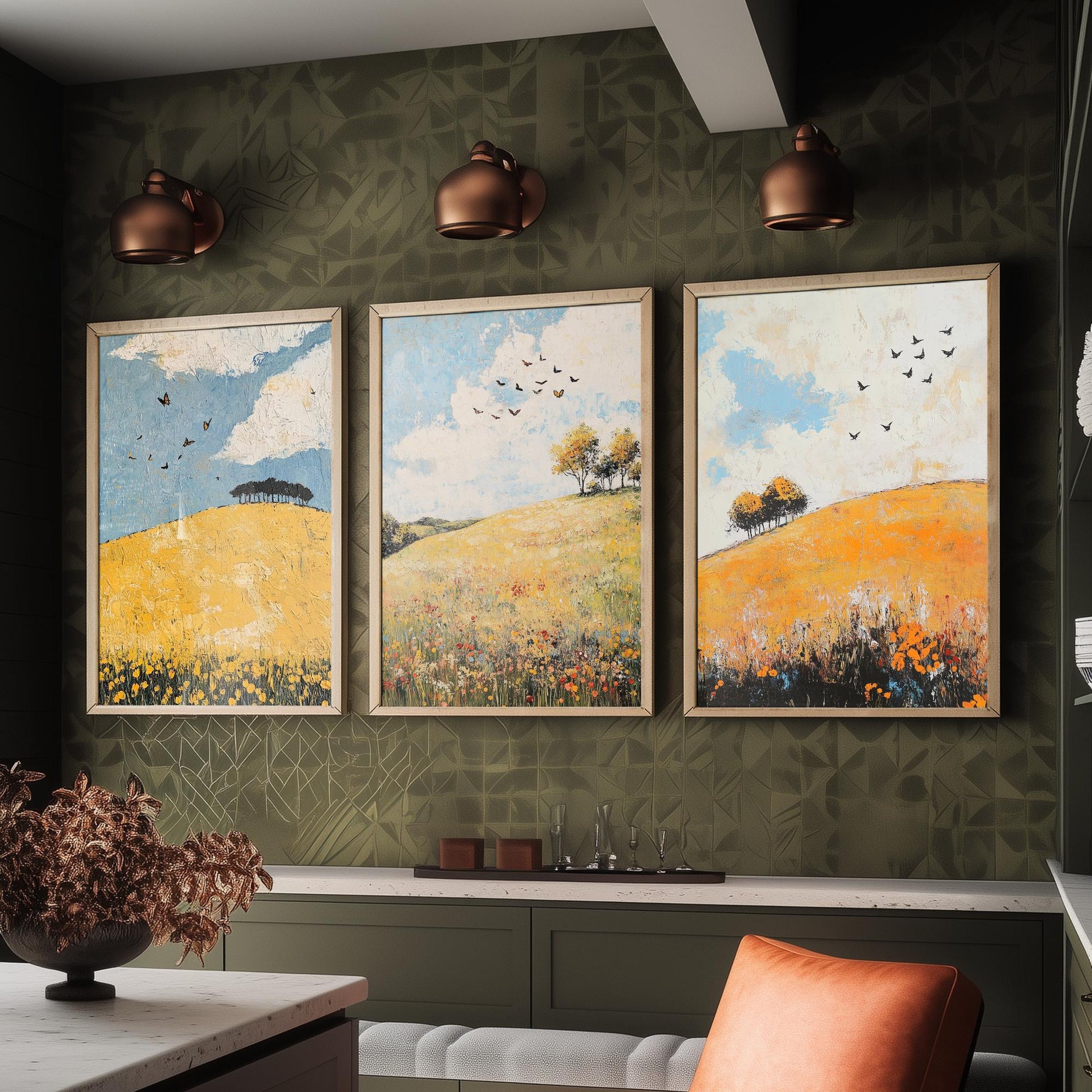 Rolling Hills Butterfly Set of Three Art Prints - Buttercup Sable and Frost - Folk Meadow Poster Illustration Gift