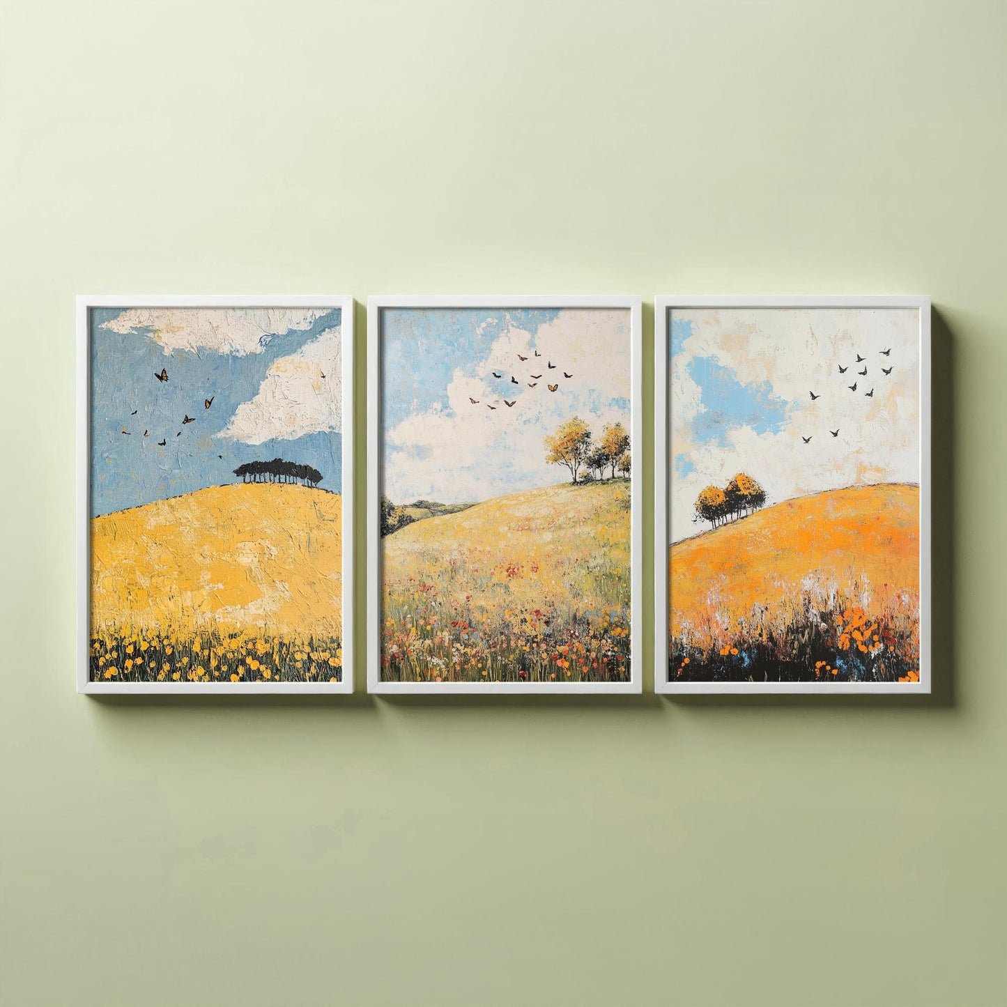 Rolling Hills Butterfly Set of Three Art Prints - Buttercup Sable and Frost - Folk Meadow Poster Illustration Gift