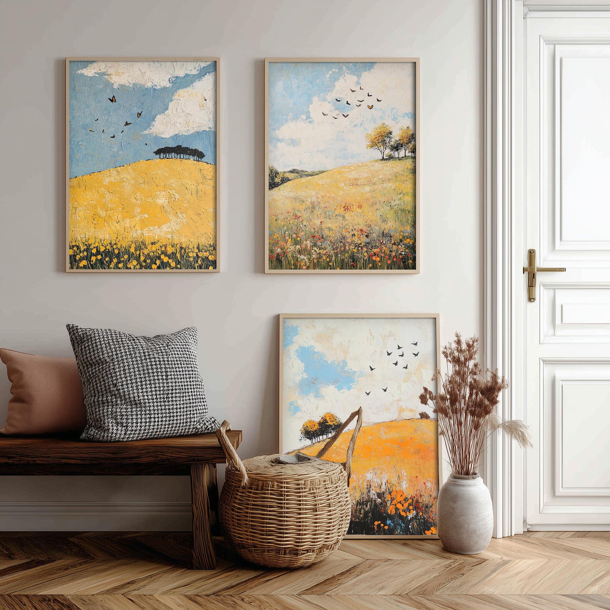 Rolling Hills Butterfly Set of Three Art Prints - Buttercup Sable and Frost - Folk Meadow Poster Illustration Gift