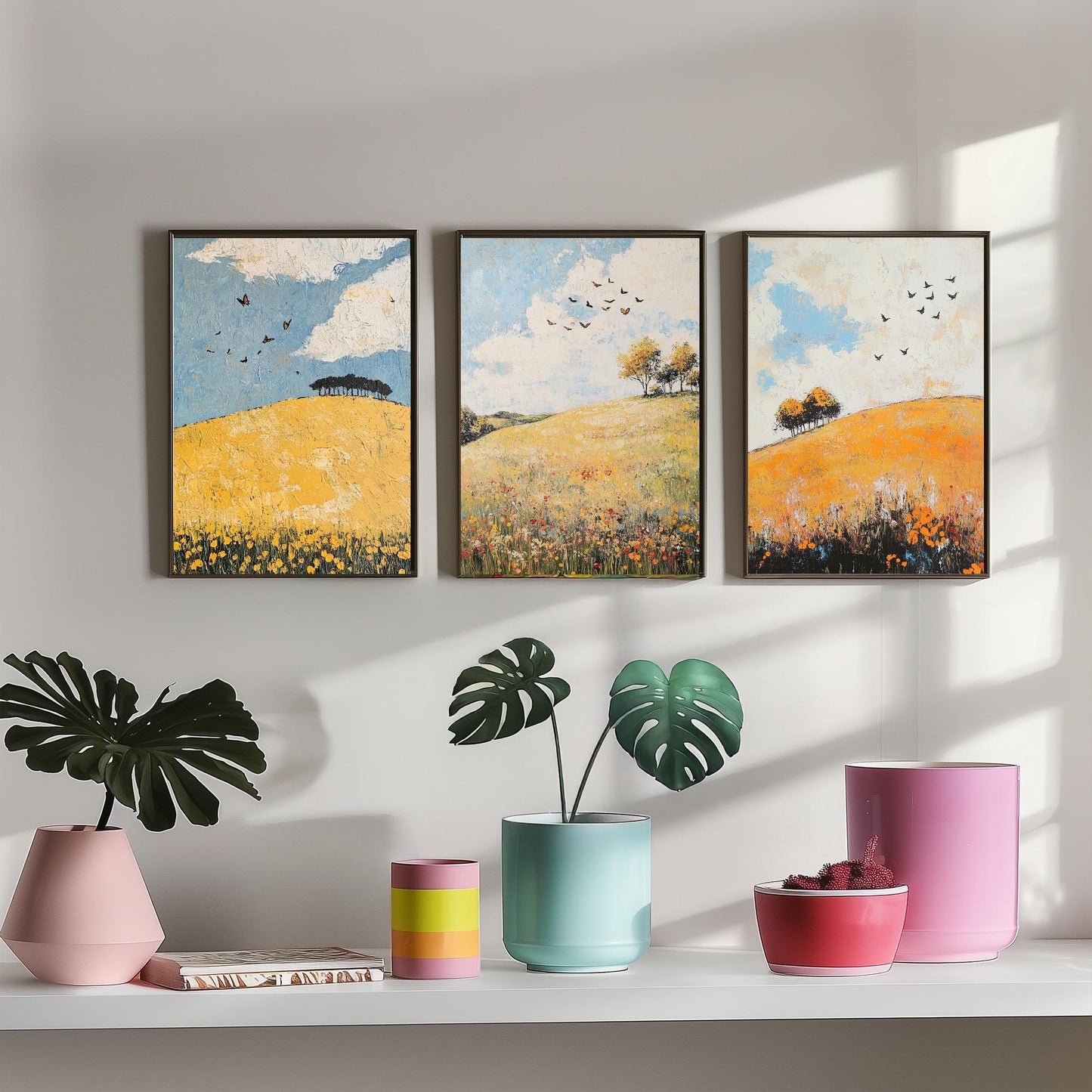 Rolling Hills Butterfly Set of Three Art Prints - Buttercup Sable and Frost - Folk Meadow Poster Illustration Gift