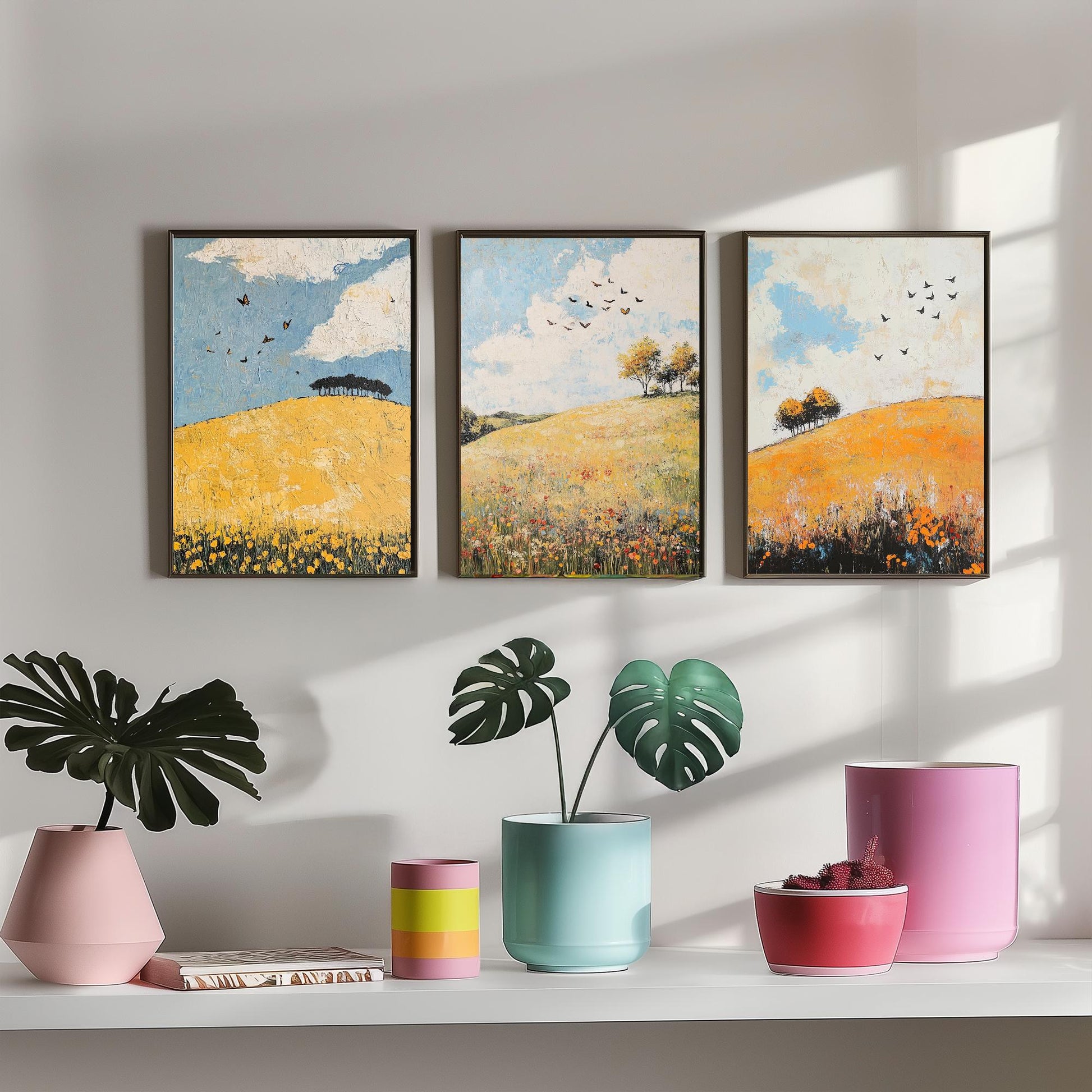 Rolling Hills Butterfly Set of Three Art Prints - Buttercup Sable and Frost - Folk Meadow Poster Illustration Gift