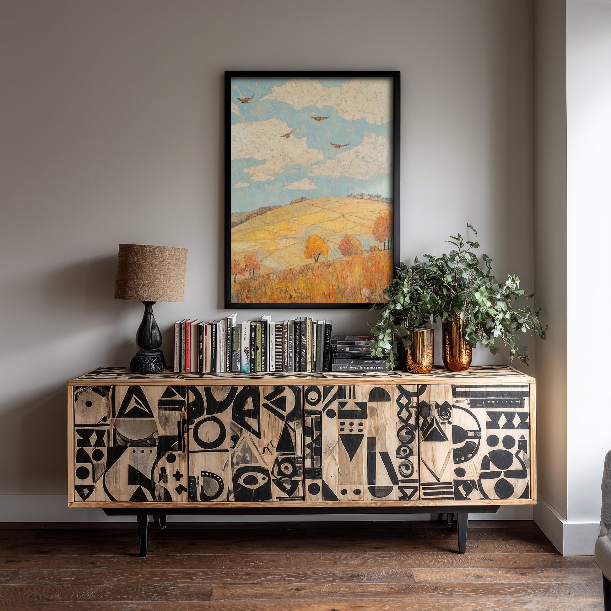 Rolling Hills Landscape Art Print - Butterfly Meadow Poster - Folk Art Painting - Canary Umber and Seafoam 1/3