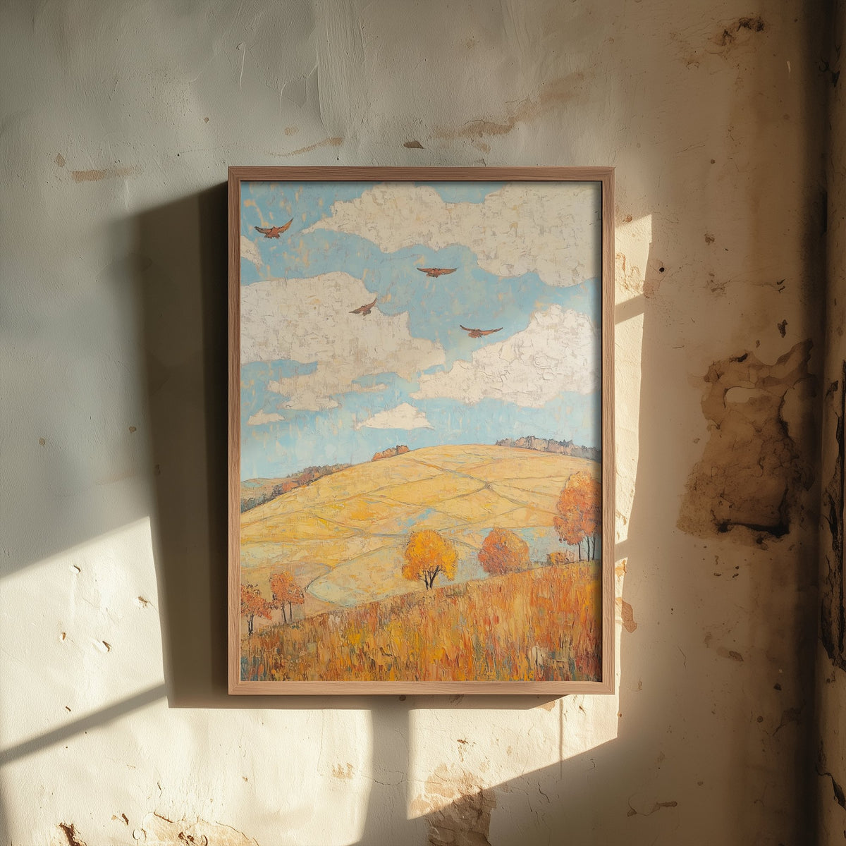 Rolling Hills Landscape Art Print - Butterfly Meadow Poster - Folk Art Painting - Canary Umber and Seafoam 1/3