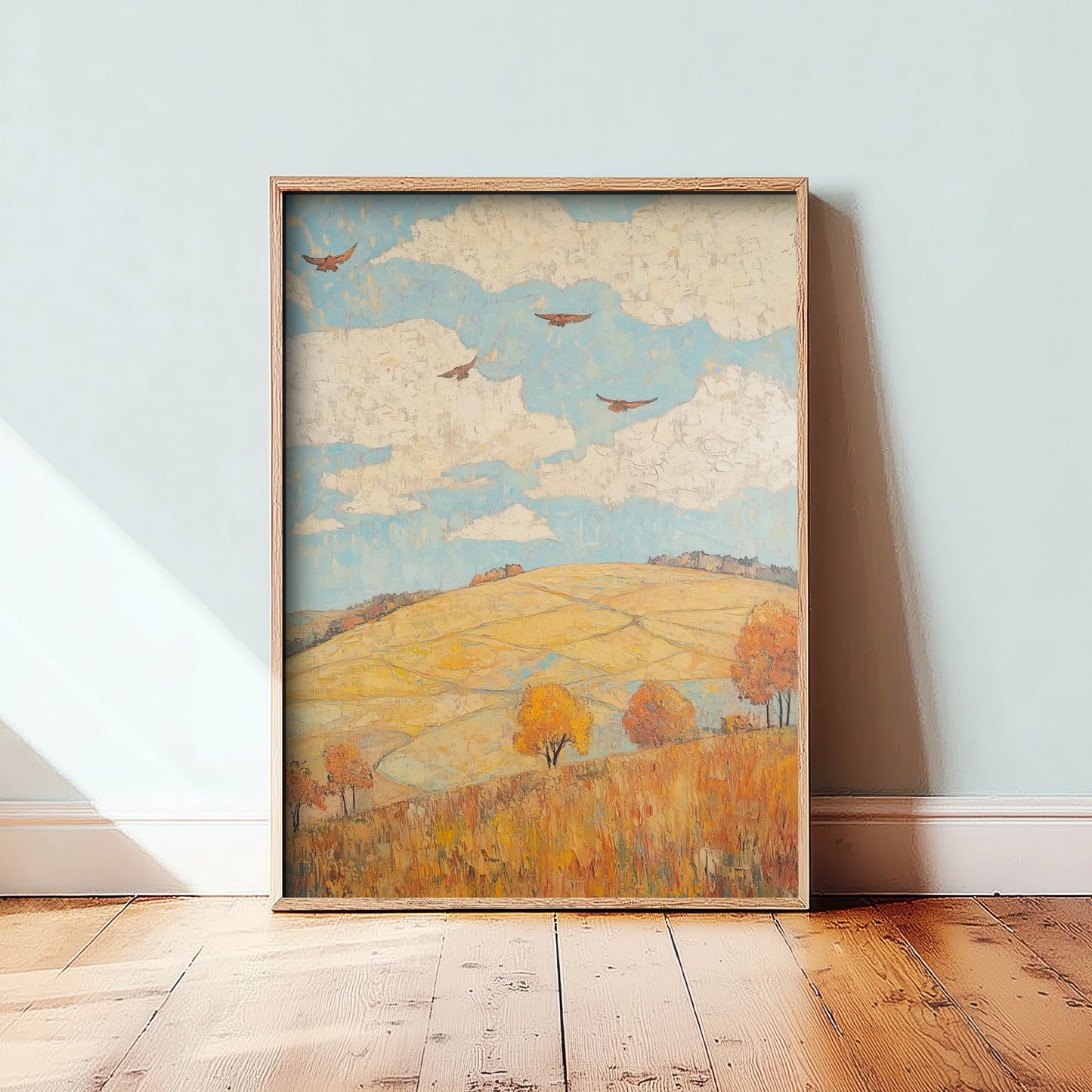 Rolling Hills Landscape Art Print - Butterfly Meadow Poster - Folk Art Painting - Canary Umber and Seafoam 1/3