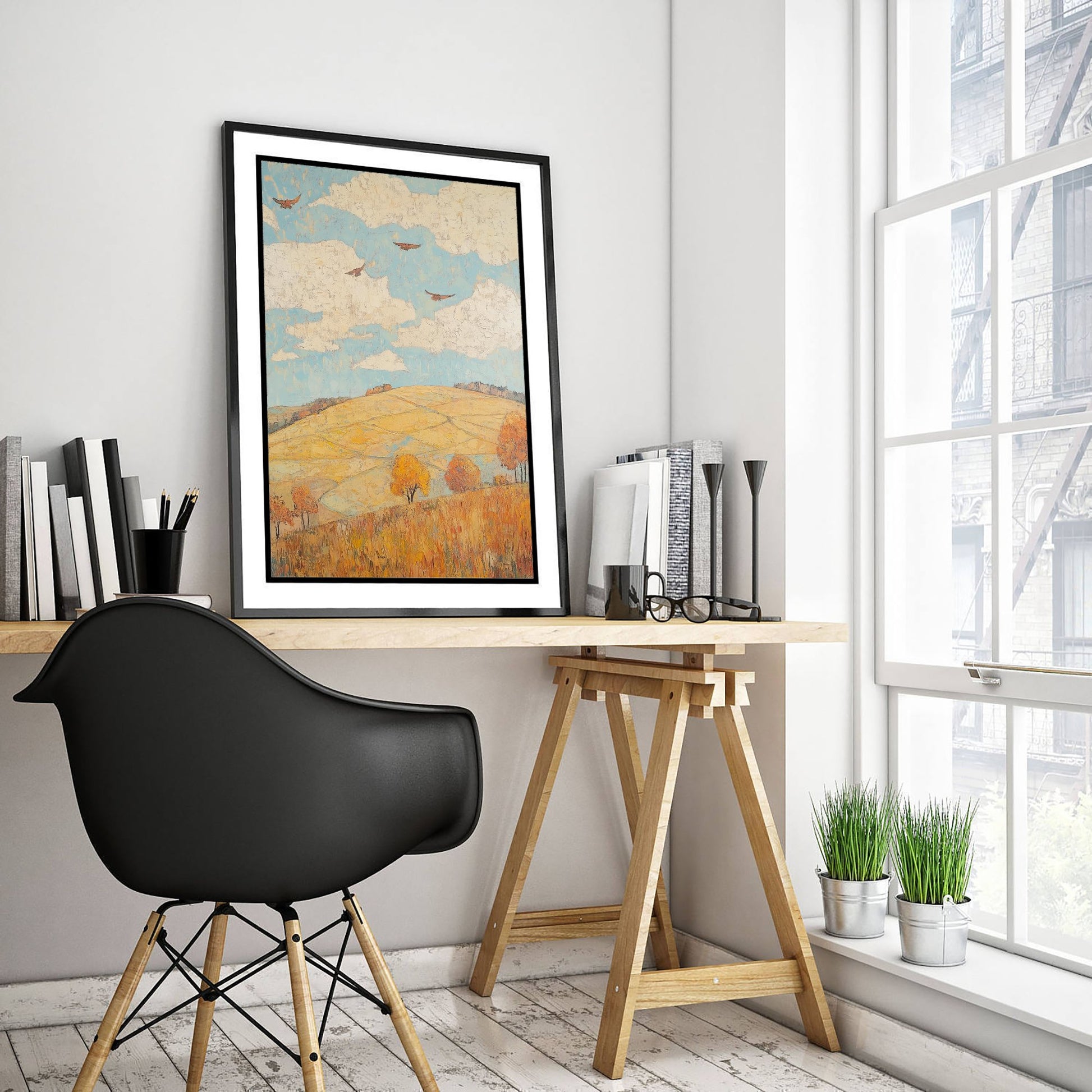 Rolling Hills Landscape Art Print - Butterfly Meadow Poster - Folk Art Painting - Canary Umber and Seafoam 1/3