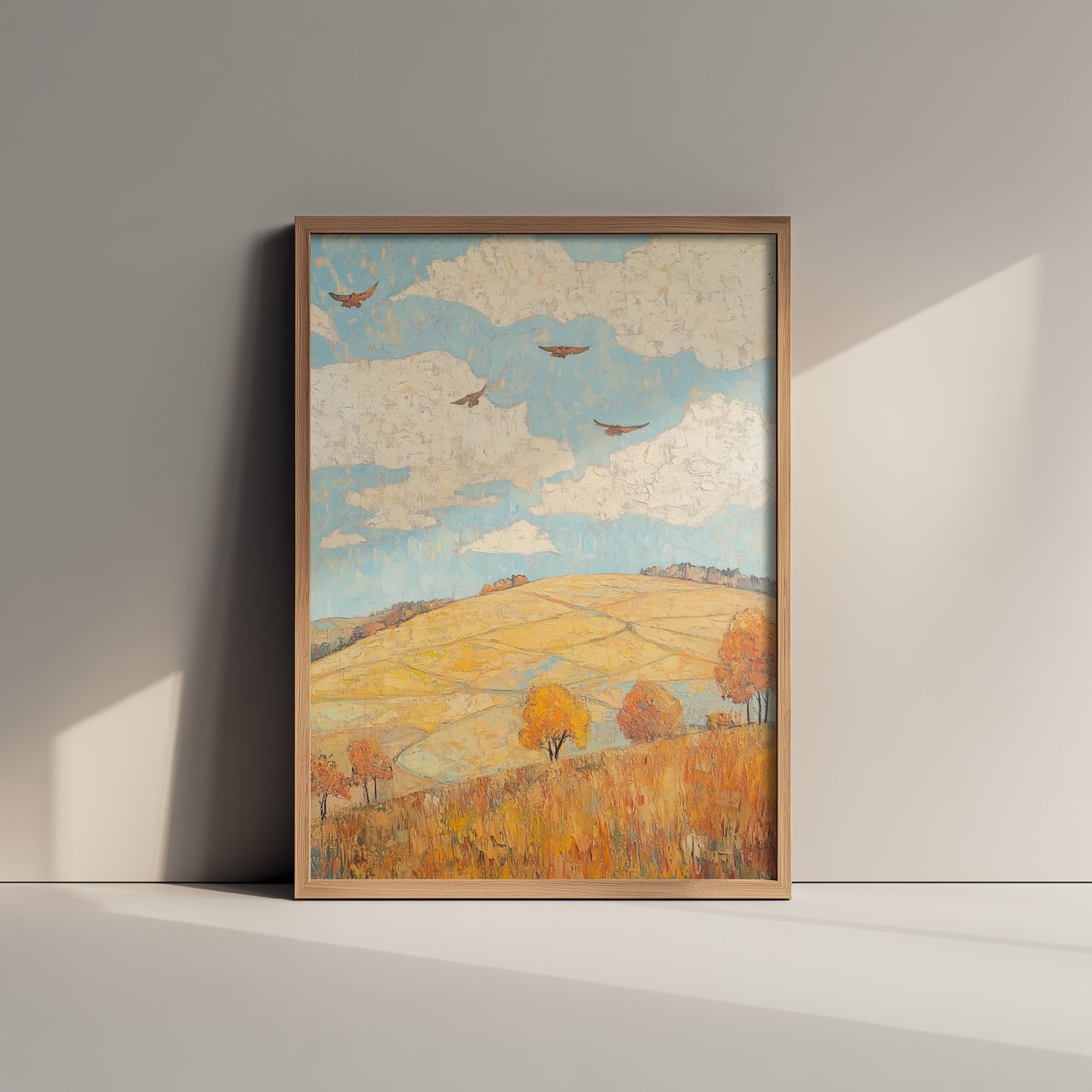 Rolling Hills Landscape Art Print - Butterfly Meadow Poster - Folk Art Painting - Canary Umber and Seafoam 1/3