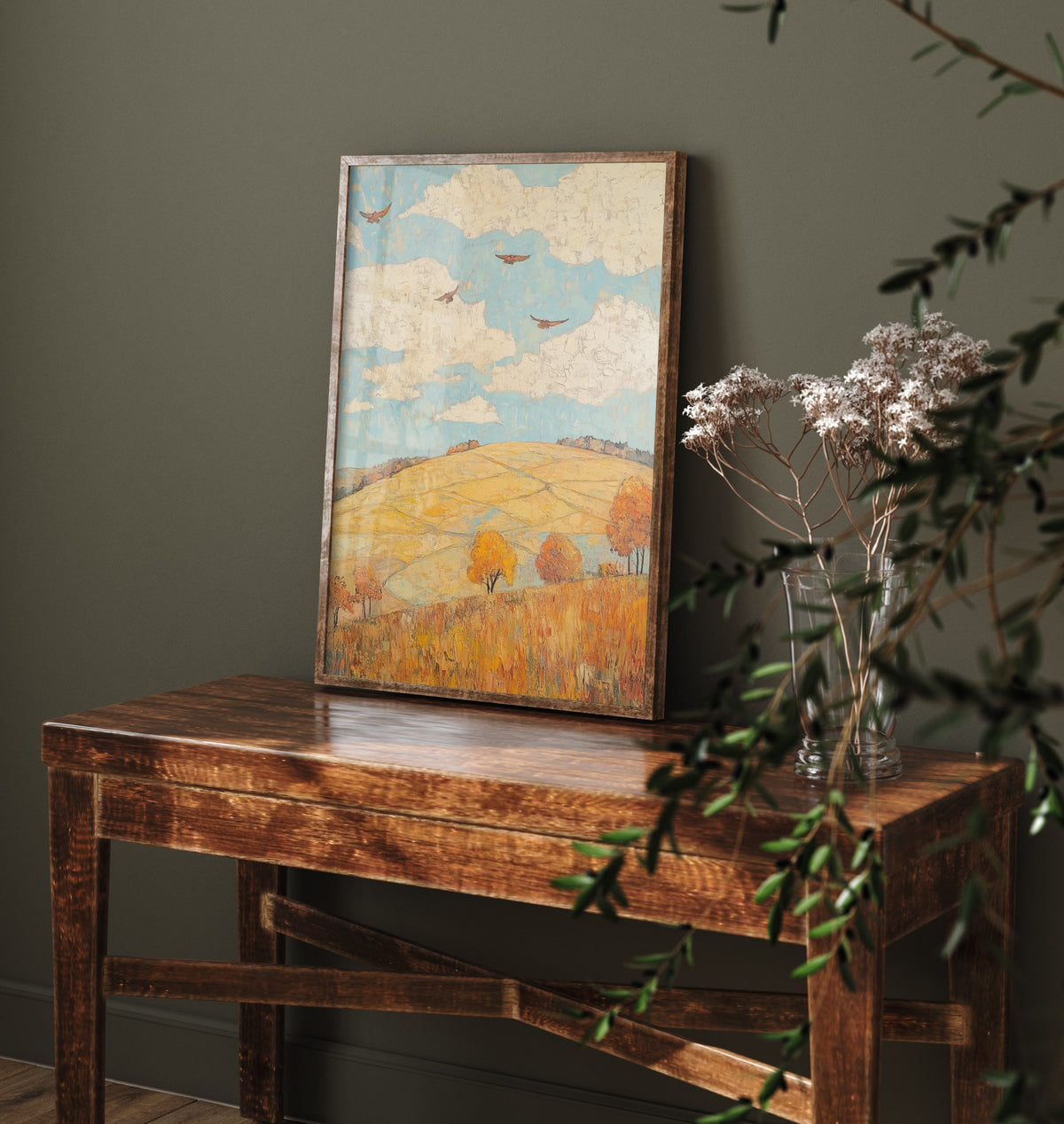Rolling Hills Landscape Art Print - Butterfly Meadow Poster - Folk Art Painting - Canary Umber and Seafoam 1/3