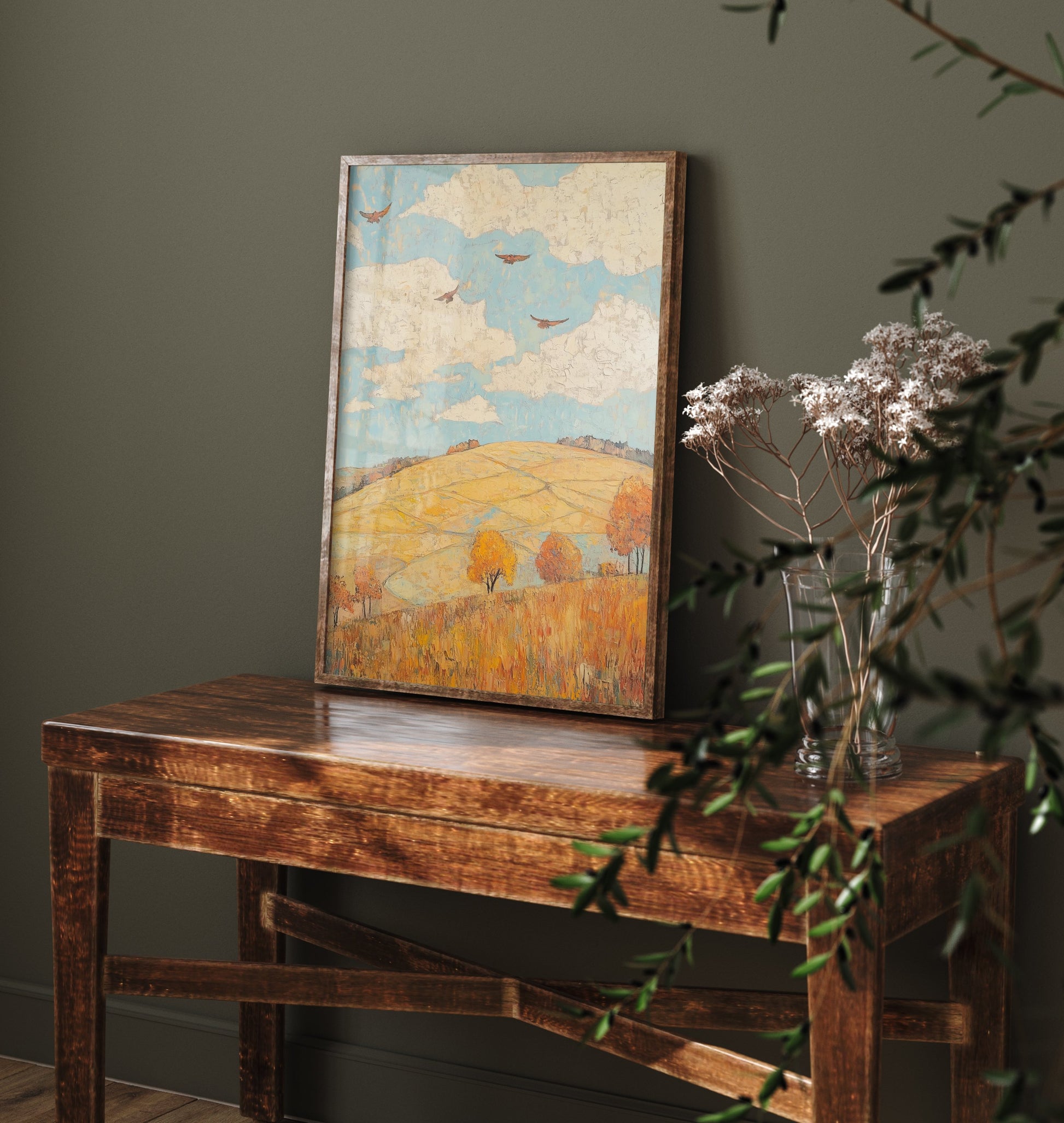 Rolling Hills Landscape Art Print - Butterfly Meadow Poster - Folk Art Painting - Canary Umber and Seafoam 1/3