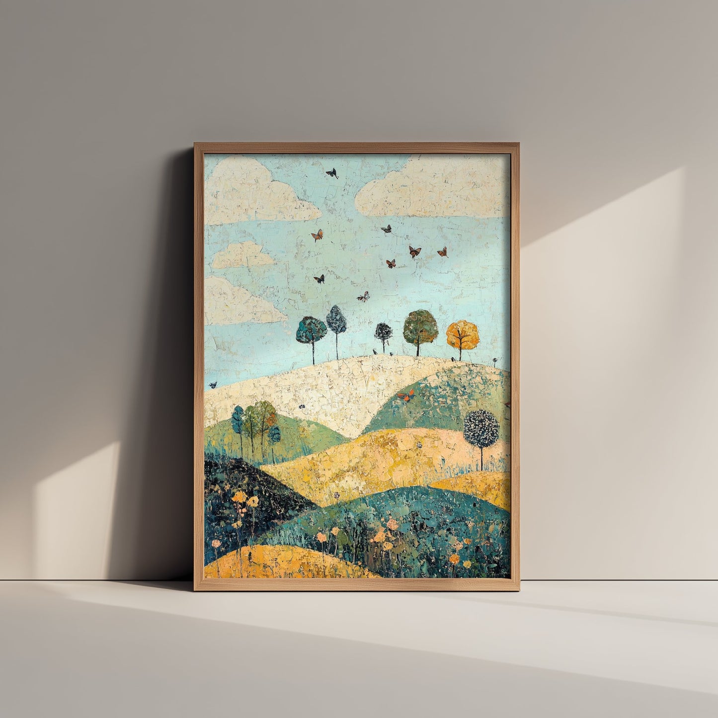 Rolling Hills Landscape Art Print - Butterfly Meadow Poster - Folk Art Painting - Canary Umber and Seafoam 2/3