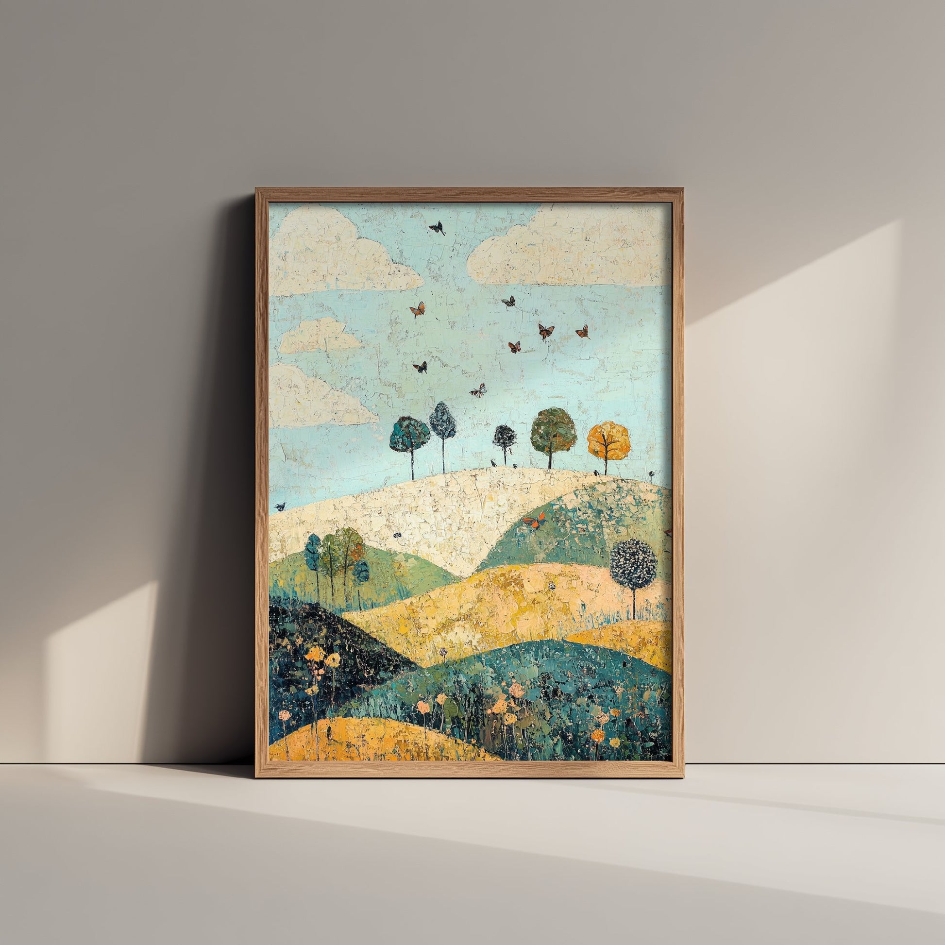 Rolling Hills Landscape Art Print - Butterfly Meadow Poster - Folk Art Painting - Canary Umber and Seafoam 2/3