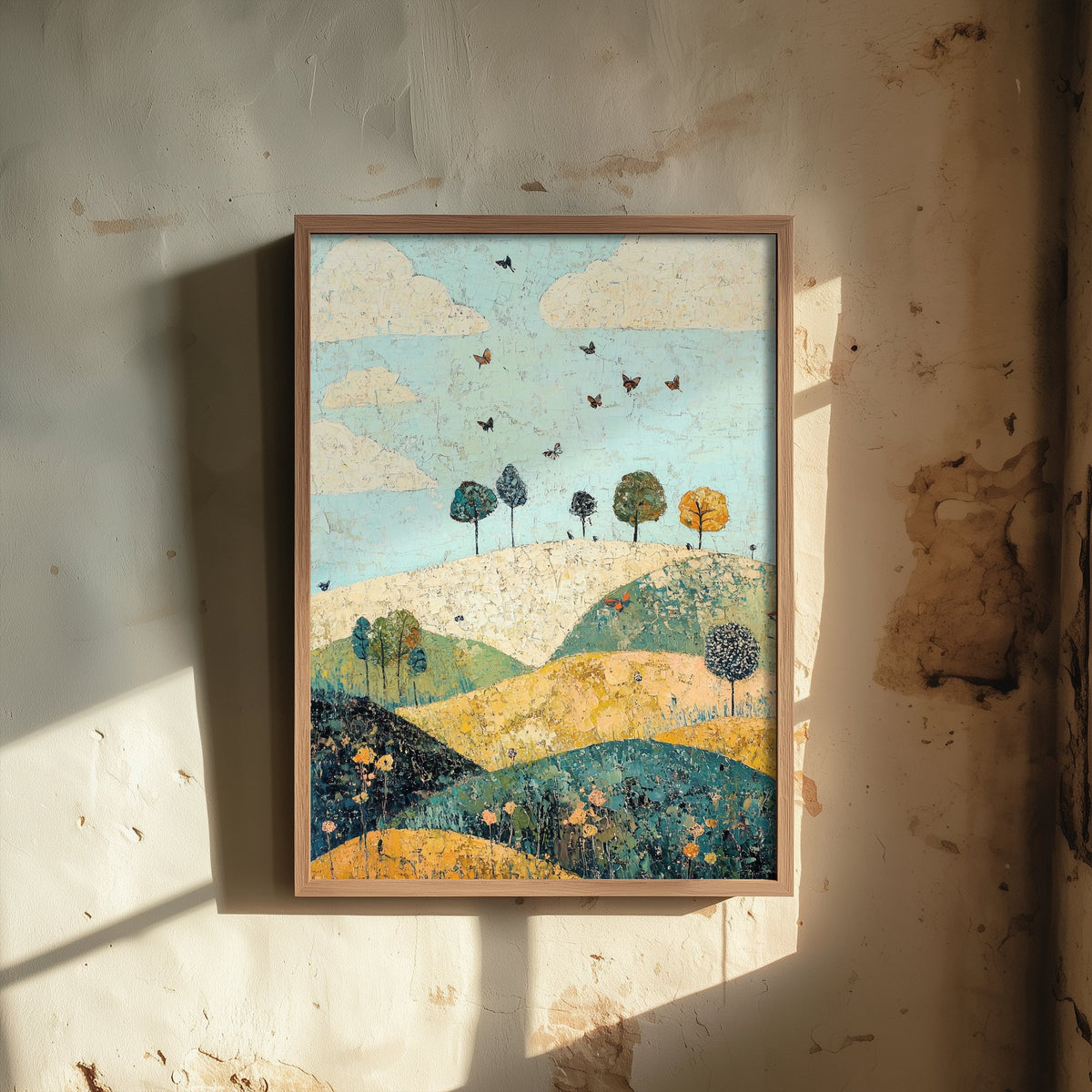 Rolling Hills Landscape Art Print - Butterfly Meadow Poster - Folk Art Painting - Canary Umber and Seafoam 2/3