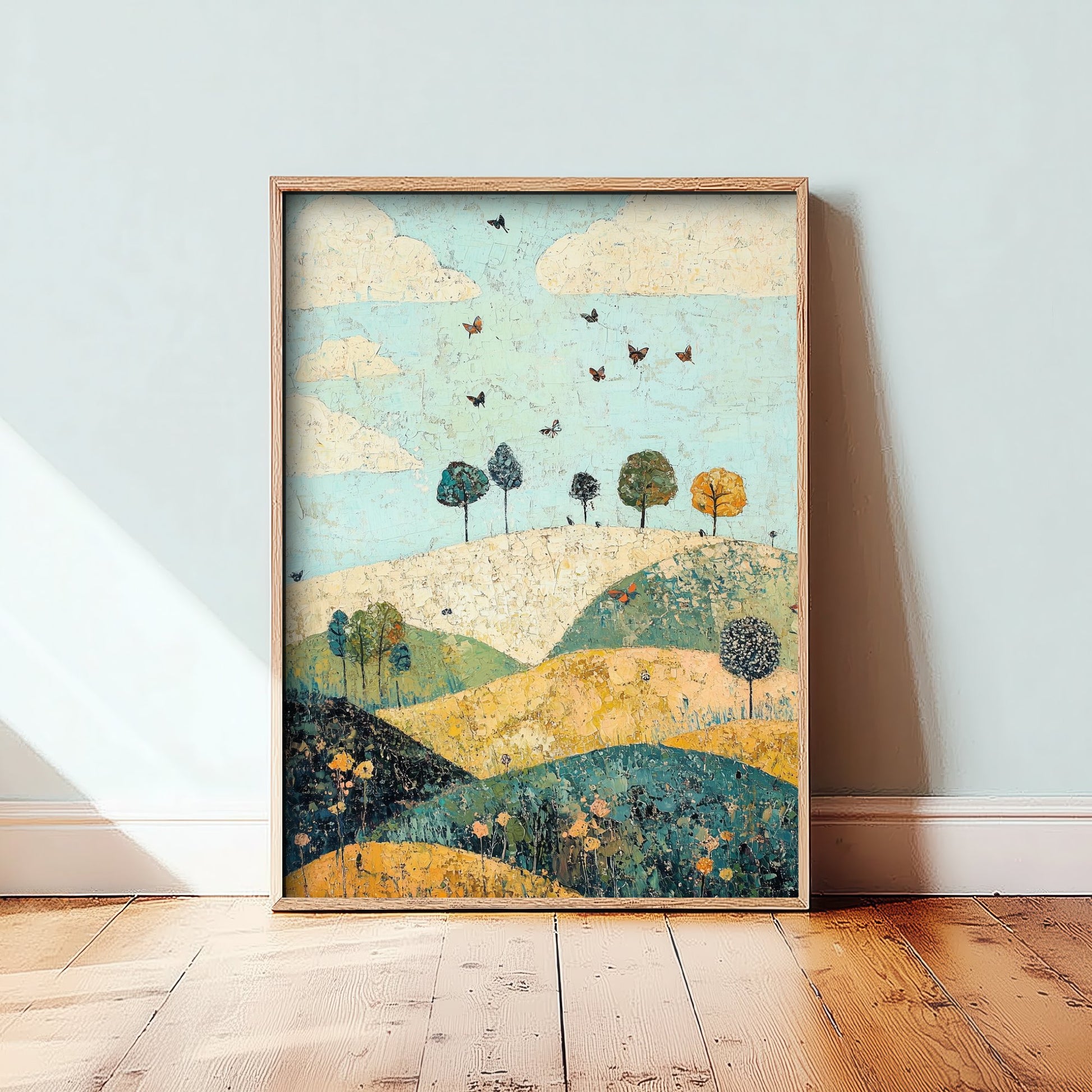 Rolling Hills Landscape Art Print - Butterfly Meadow Poster - Folk Art Painting - Canary Umber and Seafoam 2/3