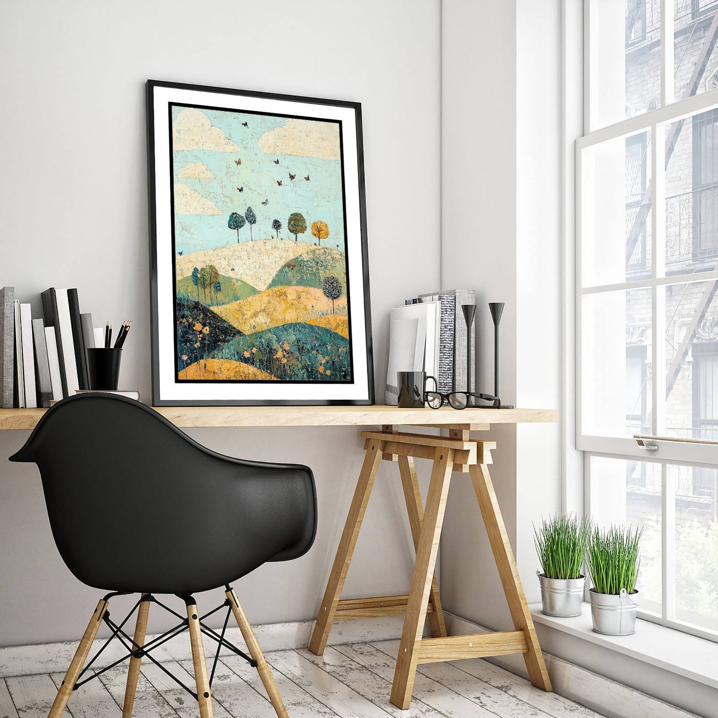 Rolling Hills Landscape Art Print - Butterfly Meadow Poster - Folk Art Painting - Canary Umber and Seafoam 2/3