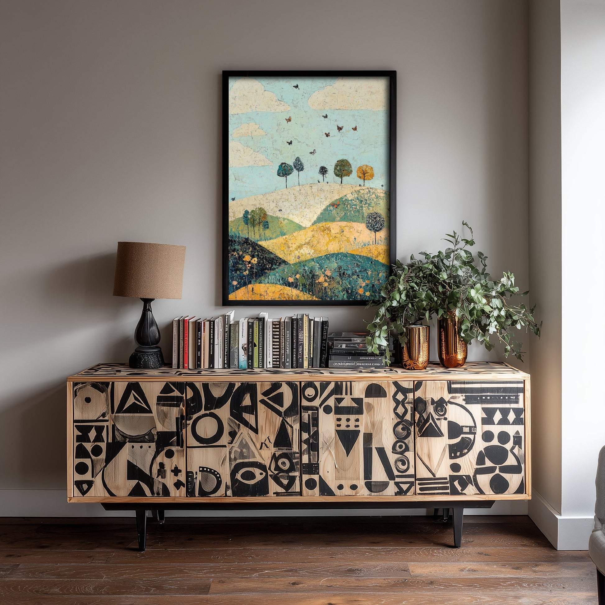 Rolling Hills Landscape Art Print - Butterfly Meadow Poster - Folk Art Painting - Canary Umber and Seafoam 2/3