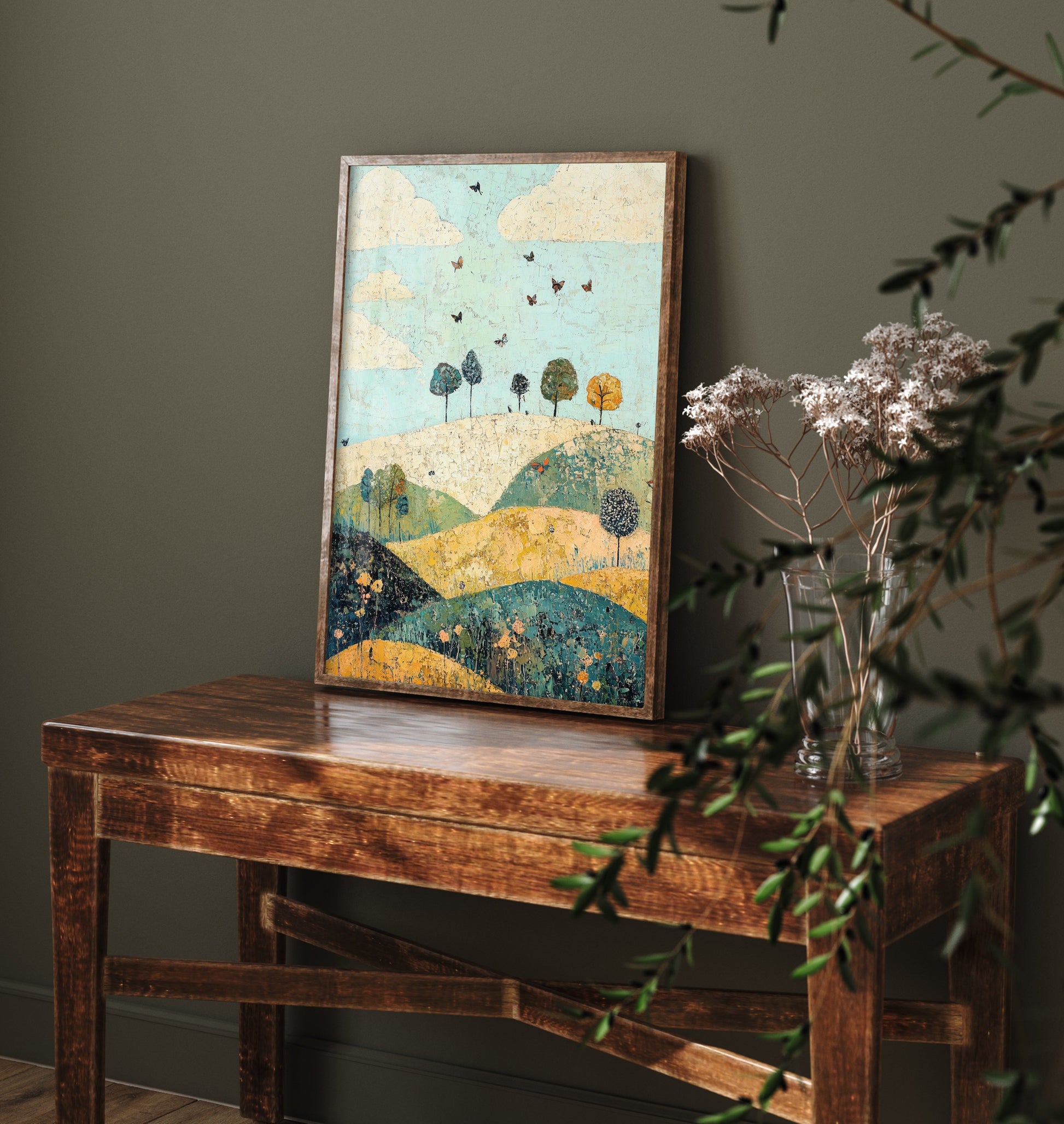 Rolling Hills Landscape Art Print - Butterfly Meadow Poster - Folk Art Painting - Canary Umber and Seafoam 2/3
