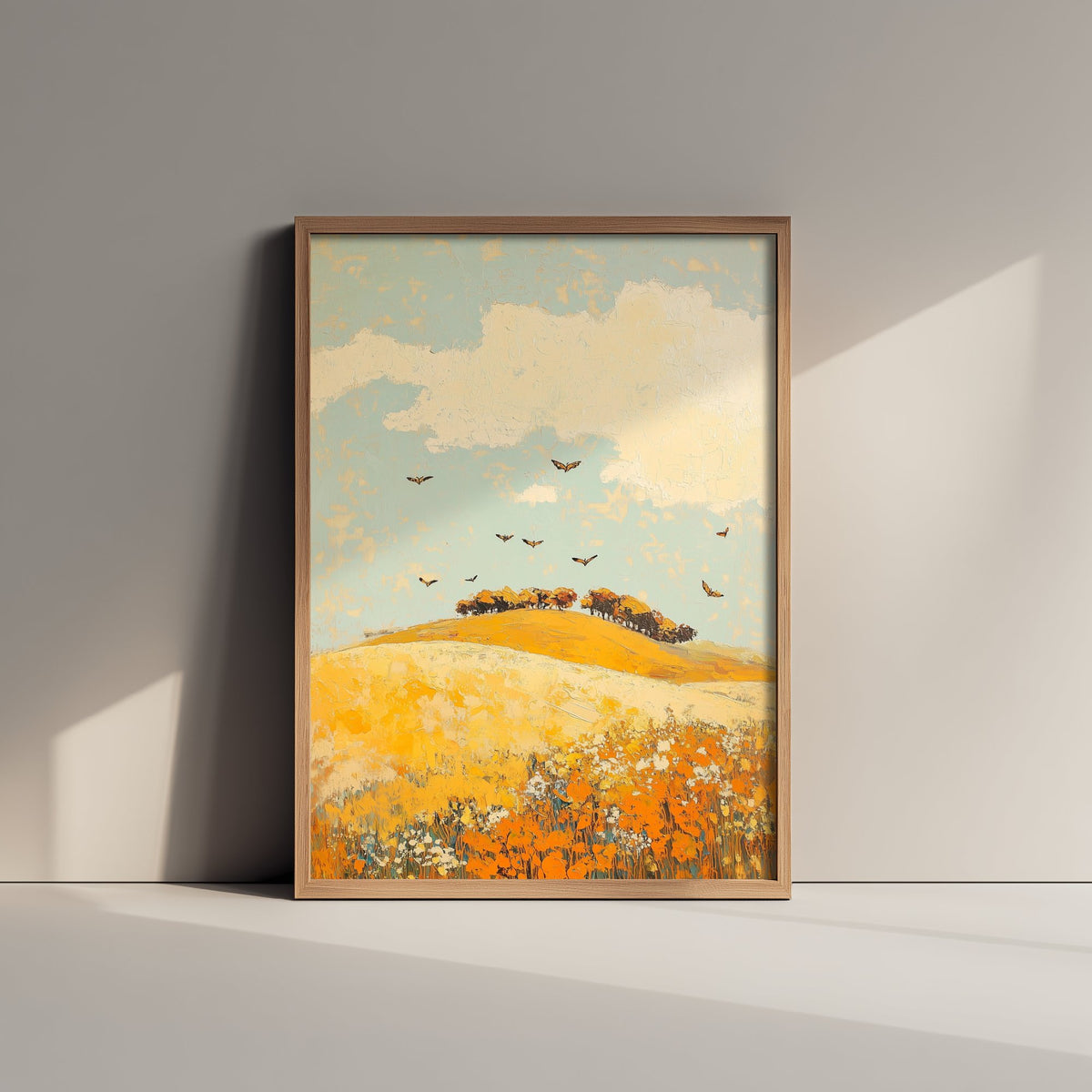 Rolling Hills Landscape Art Print - Butterfly Meadow Poster - Folk Art Painting - Canary Umber and Seafoam 3/3
