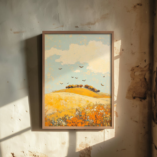 Rolling Hills Landscape Art Print - Butterfly Meadow Poster - Folk Art Painting - Canary Umber and Seafoam 3/3