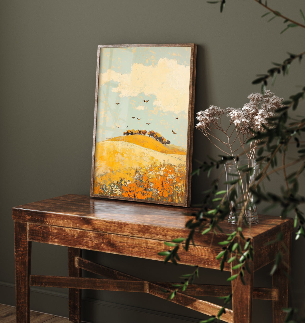 Rolling Hills Landscape Art Print - Butterfly Meadow Poster - Folk Art Painting - Canary Umber and Seafoam 3/3