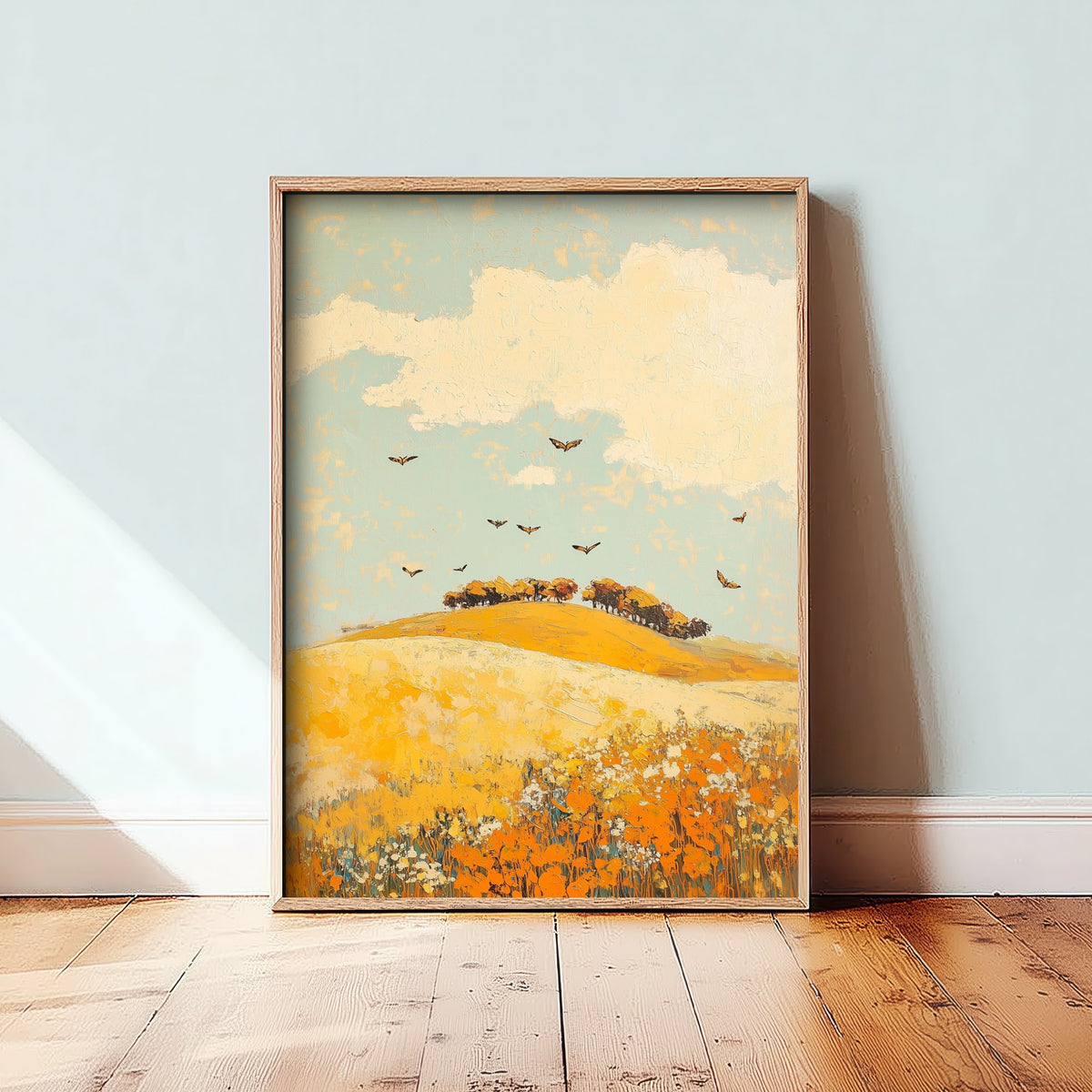 Rolling Hills Landscape Art Print - Butterfly Meadow Poster - Folk Art Painting - Canary Umber and Seafoam 3/3