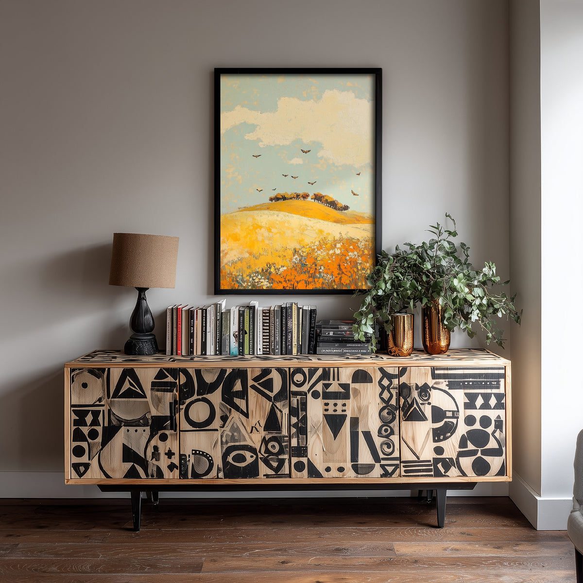 Rolling Hills Landscape Art Print - Butterfly Meadow Poster - Folk Art Painting - Canary Umber and Seafoam 3/3