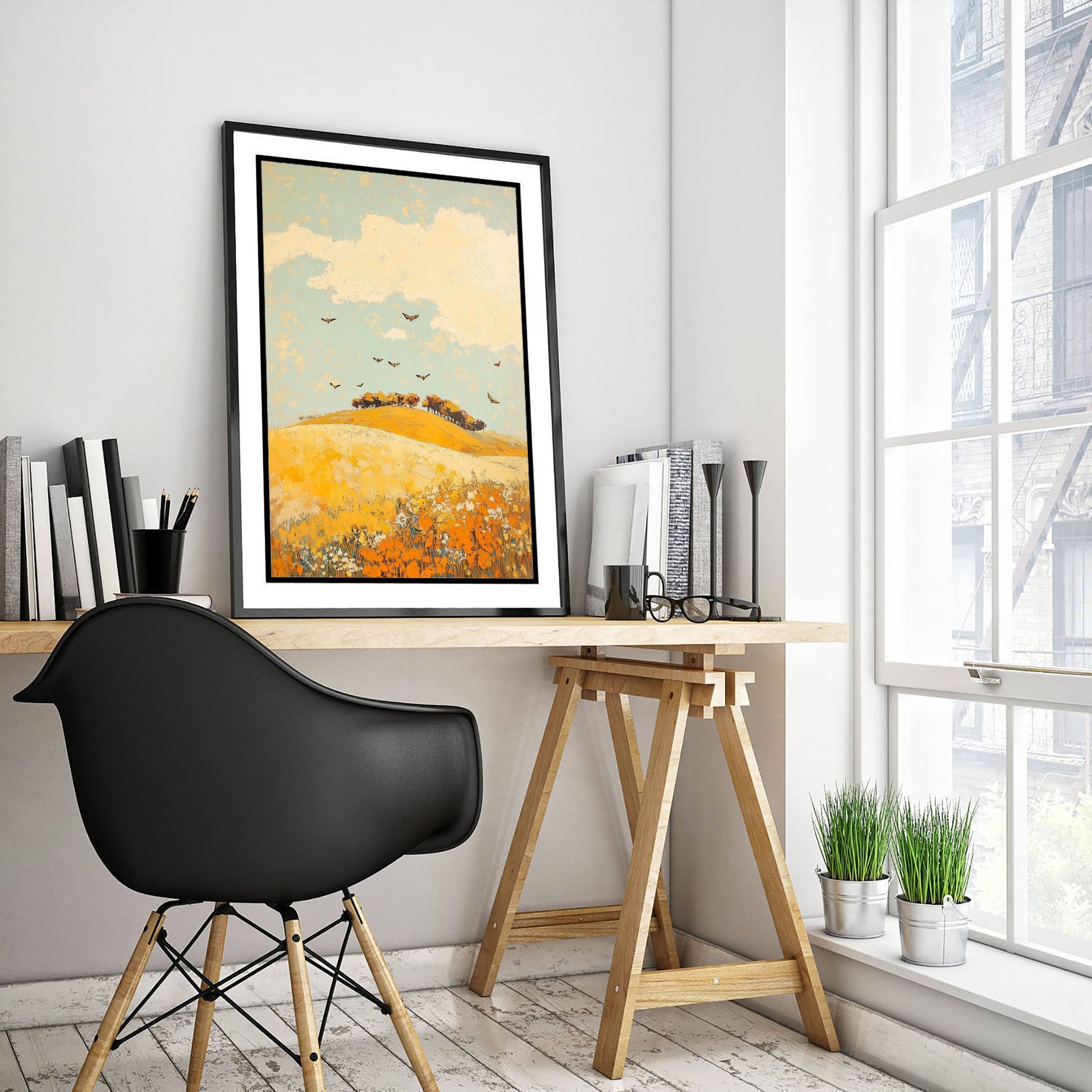 Rolling Hills Landscape Art Print - Butterfly Meadow Poster - Folk Art Painting - Canary Umber and Seafoam 3/3