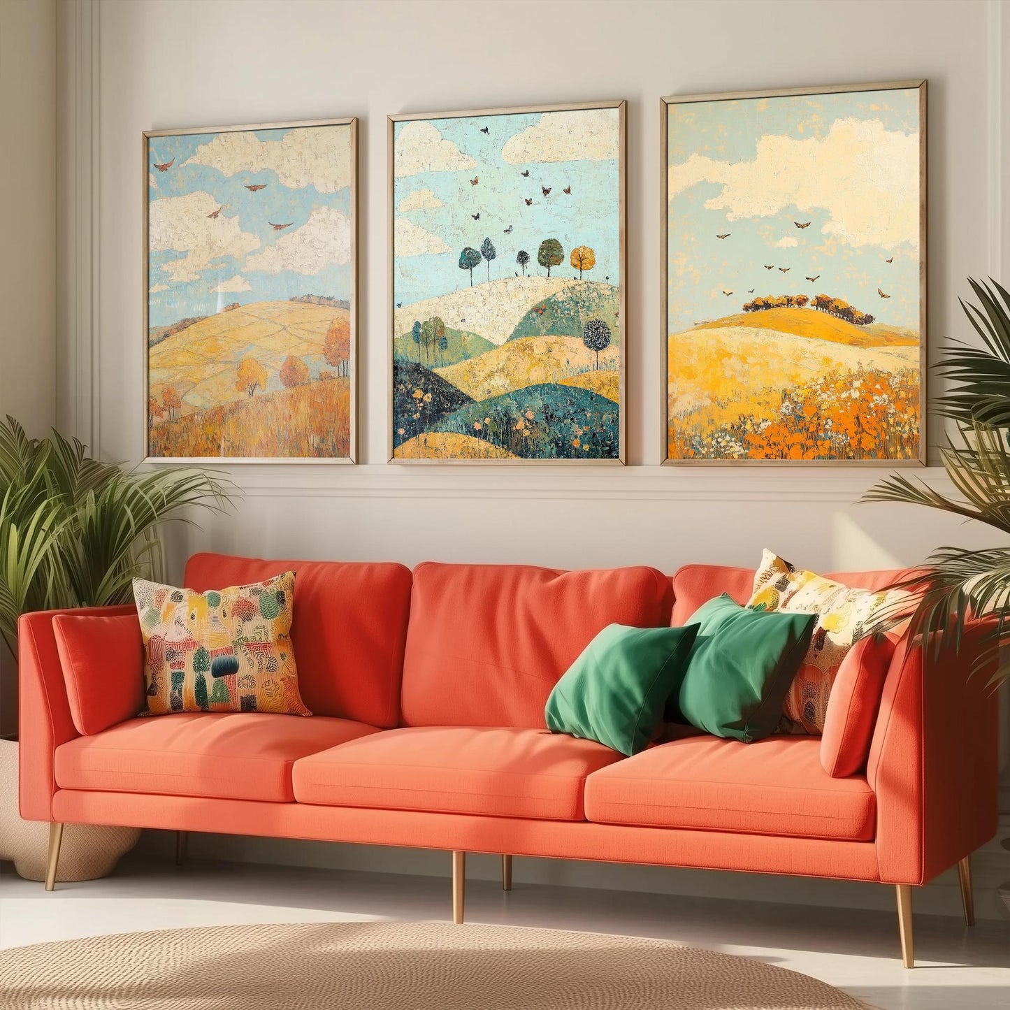 Rolling Hills Butterfly Set of Three Art Prints - Canary Umber and Seafoam - Folk Meadow Poster Illustration Gift