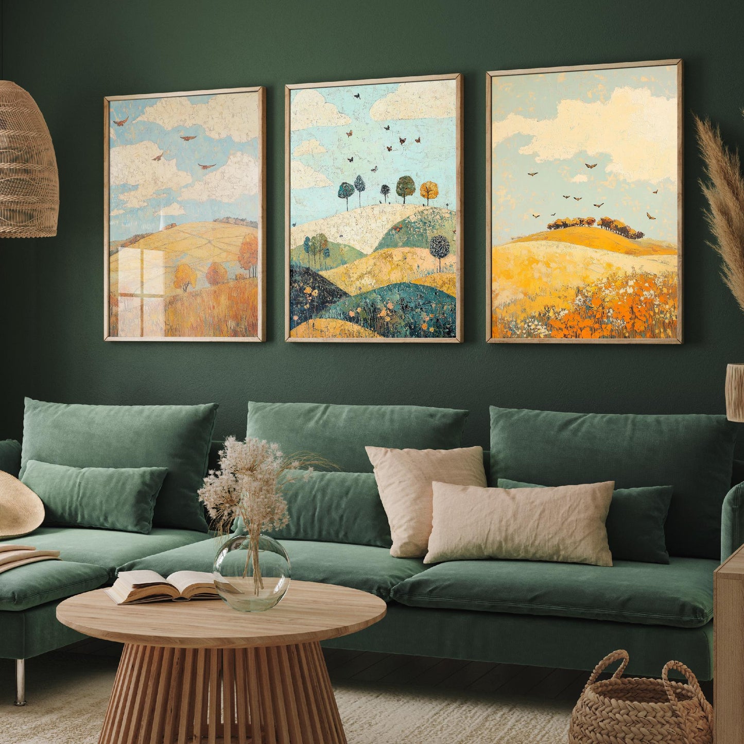 Rolling Hills Butterfly Set of Three Art Prints - Canary Umber and Seafoam - Folk Meadow Poster Illustration Gift