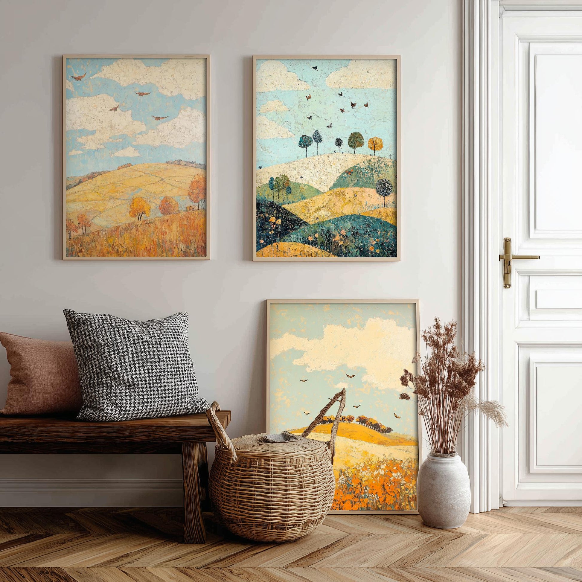 Rolling Hills Butterfly Set of Three Art Prints - Canary Umber and Seafoam - Folk Meadow Poster Illustration Gift