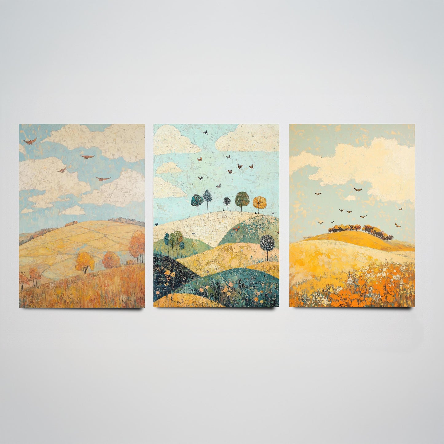 Rolling Hills Butterfly Set of Three Art Prints - Canary Umber and Seafoam - Folk Meadow Poster Illustration Gift