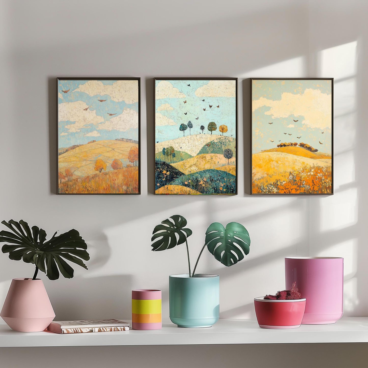 Rolling Hills Butterfly Set of Three Art Prints - Canary Umber and Seafoam - Folk Meadow Poster Illustration Gift
