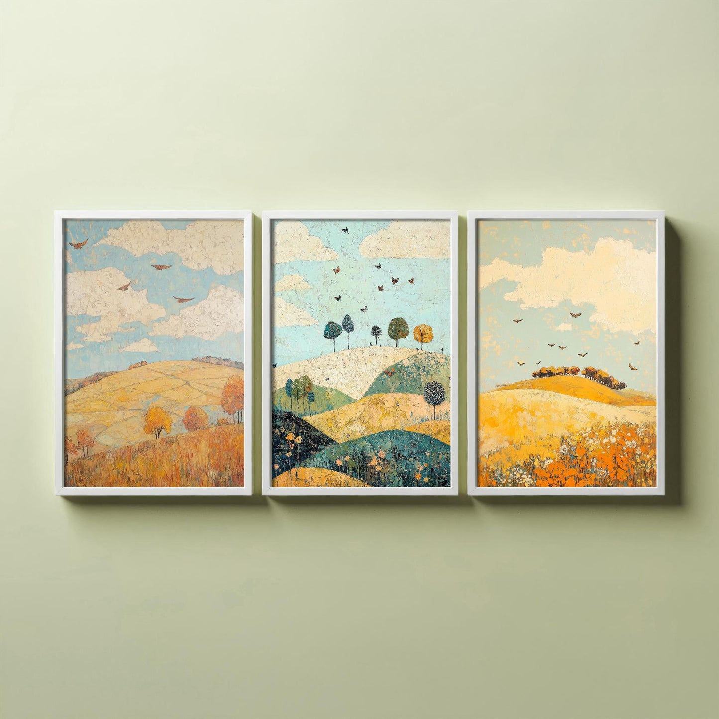 Rolling Hills Butterfly Set of Three Art Prints - Canary Umber and Seafoam - Folk Meadow Poster Illustration Gift